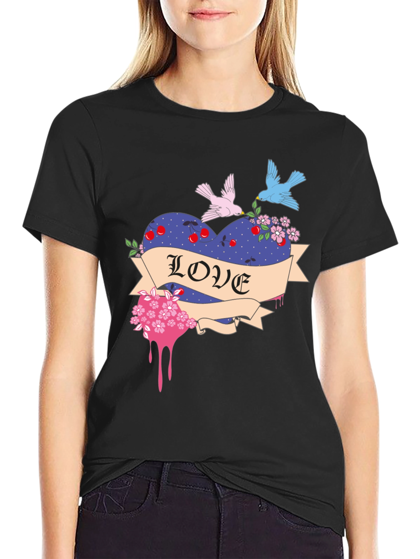 Love Heart Birds Graphic Black T-Shirt