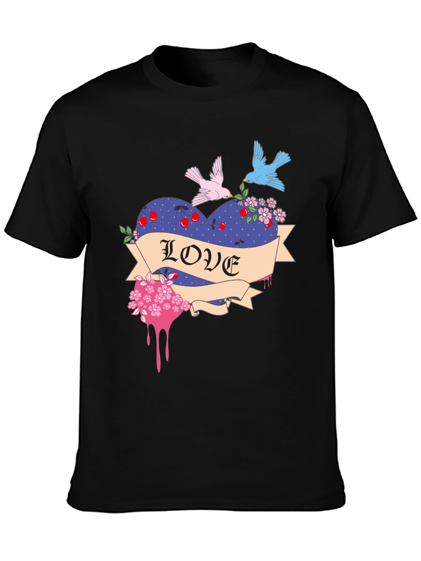 Love Heart Birds Graphic Black T-Shirt