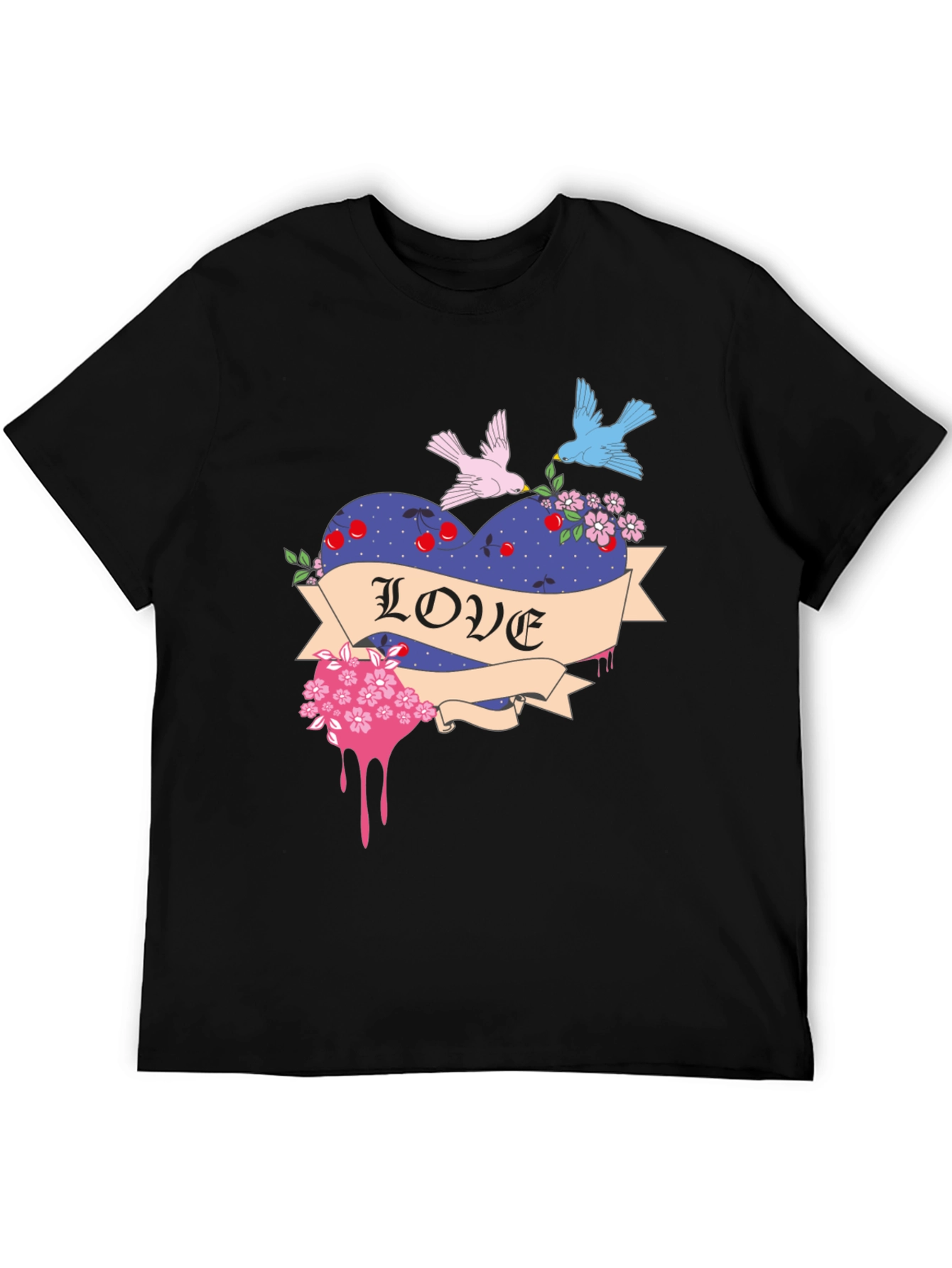 Love Heart Birds Graphic Black T-Shirt