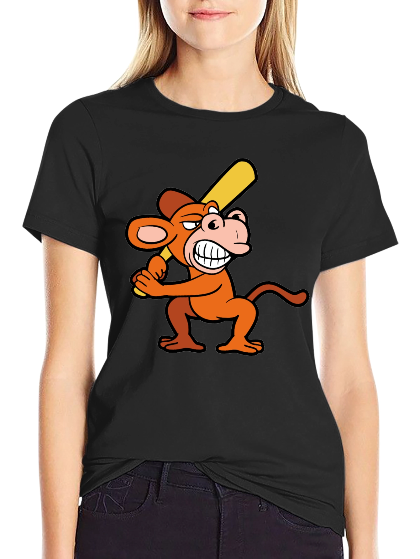 Funny Monkey Baseball Player Black T-Shirt