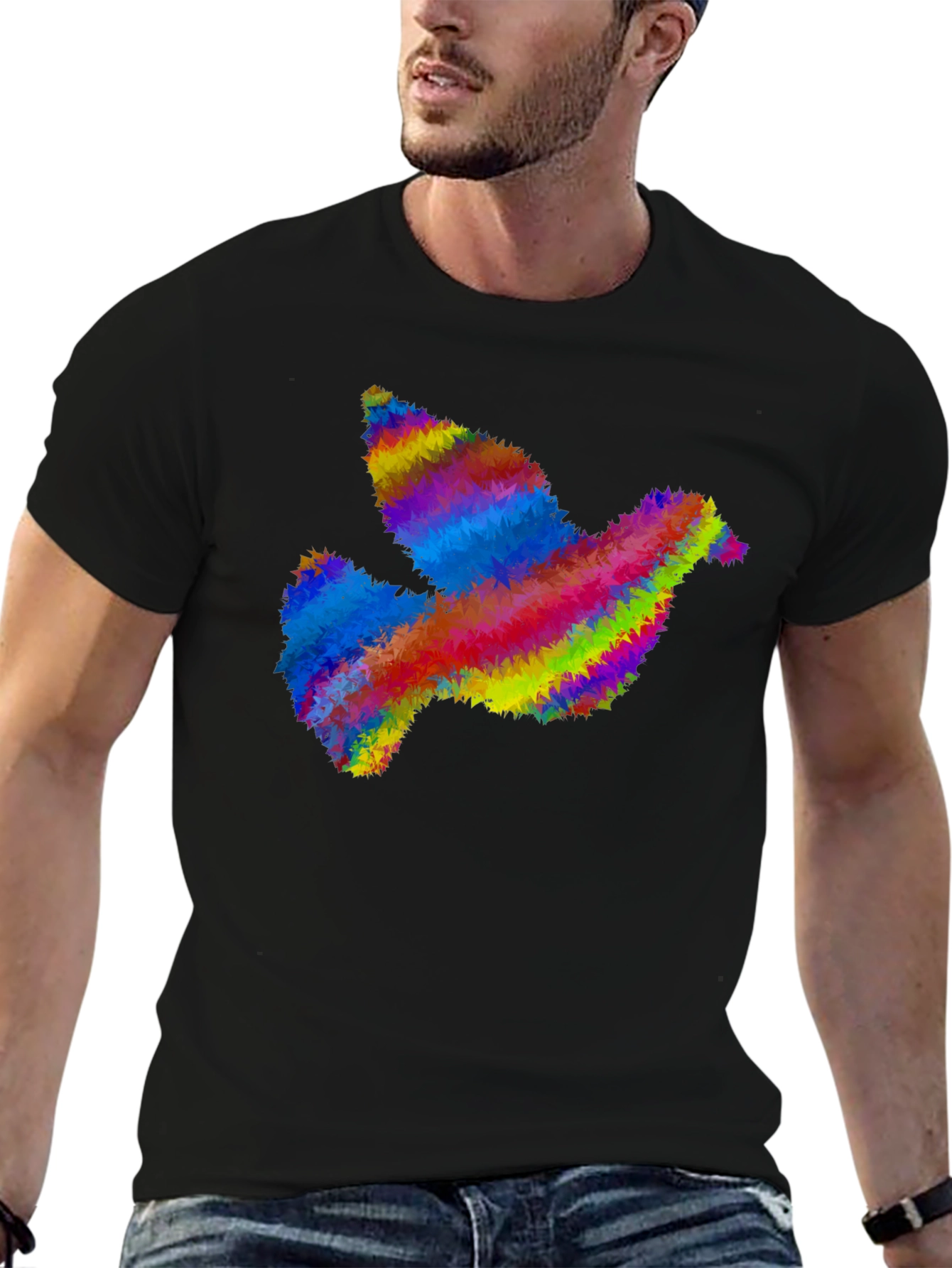 Rainbow Dove Graphic Print Black T-Shirt