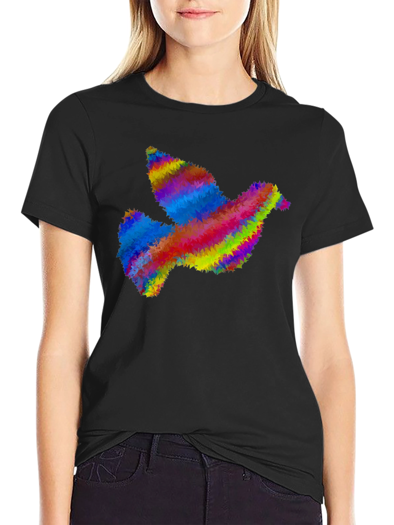 Rainbow Dove Graphic Print Black T-Shirt