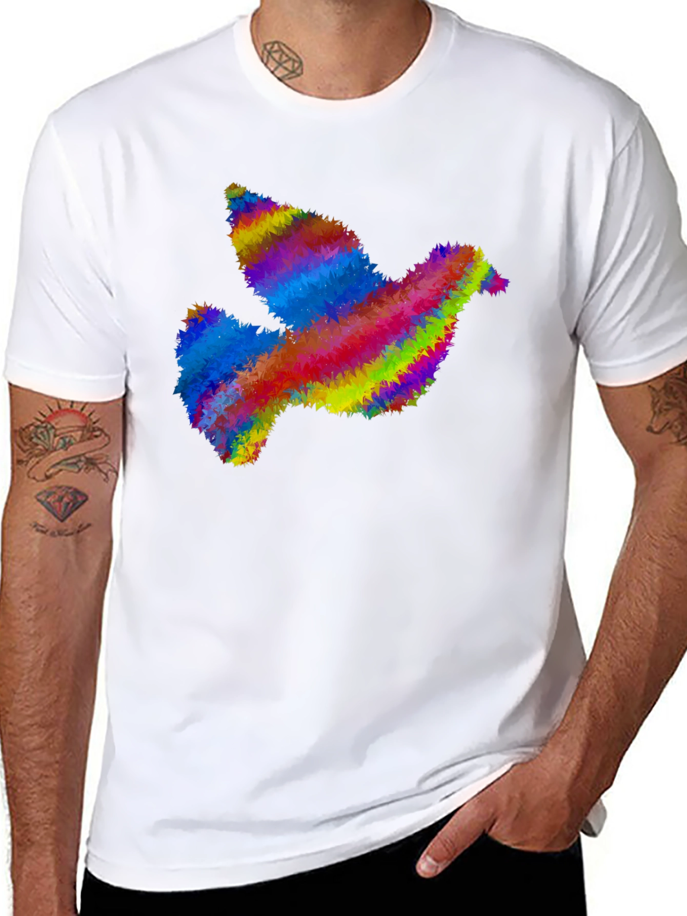 Rainbow Dove Graphic Print Black T-Shirt