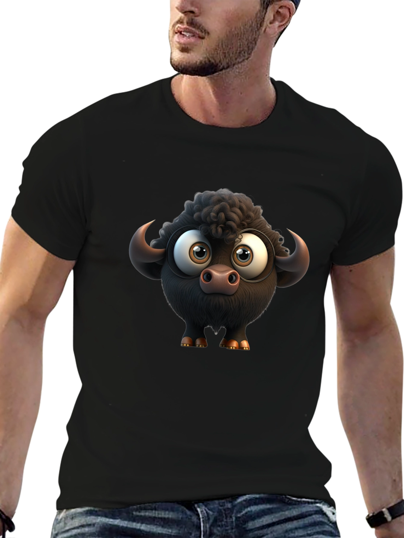 Cartoon Buffalo Graphic Black T-Shirt