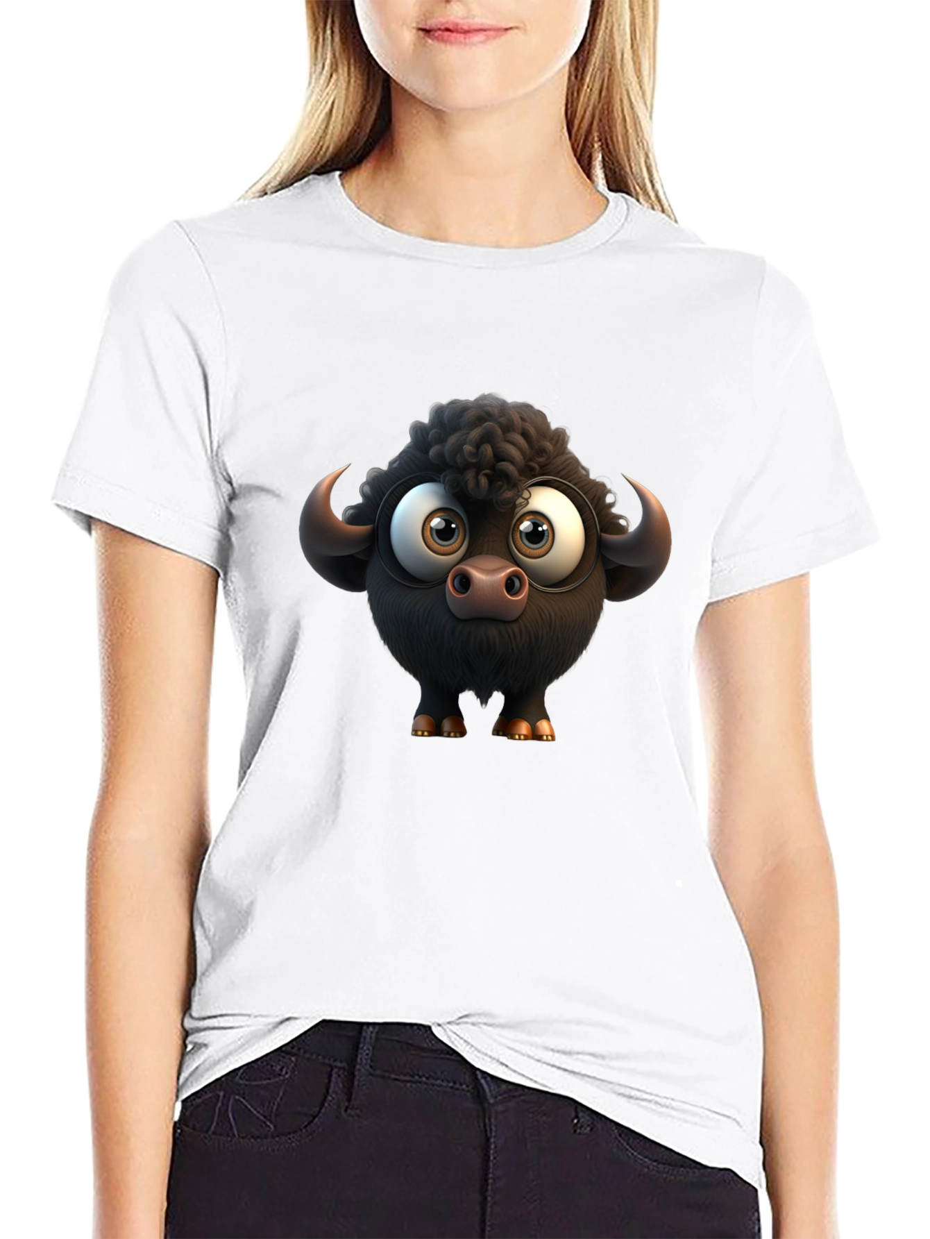 Cartoon Buffalo Graphic Black T-Shirt