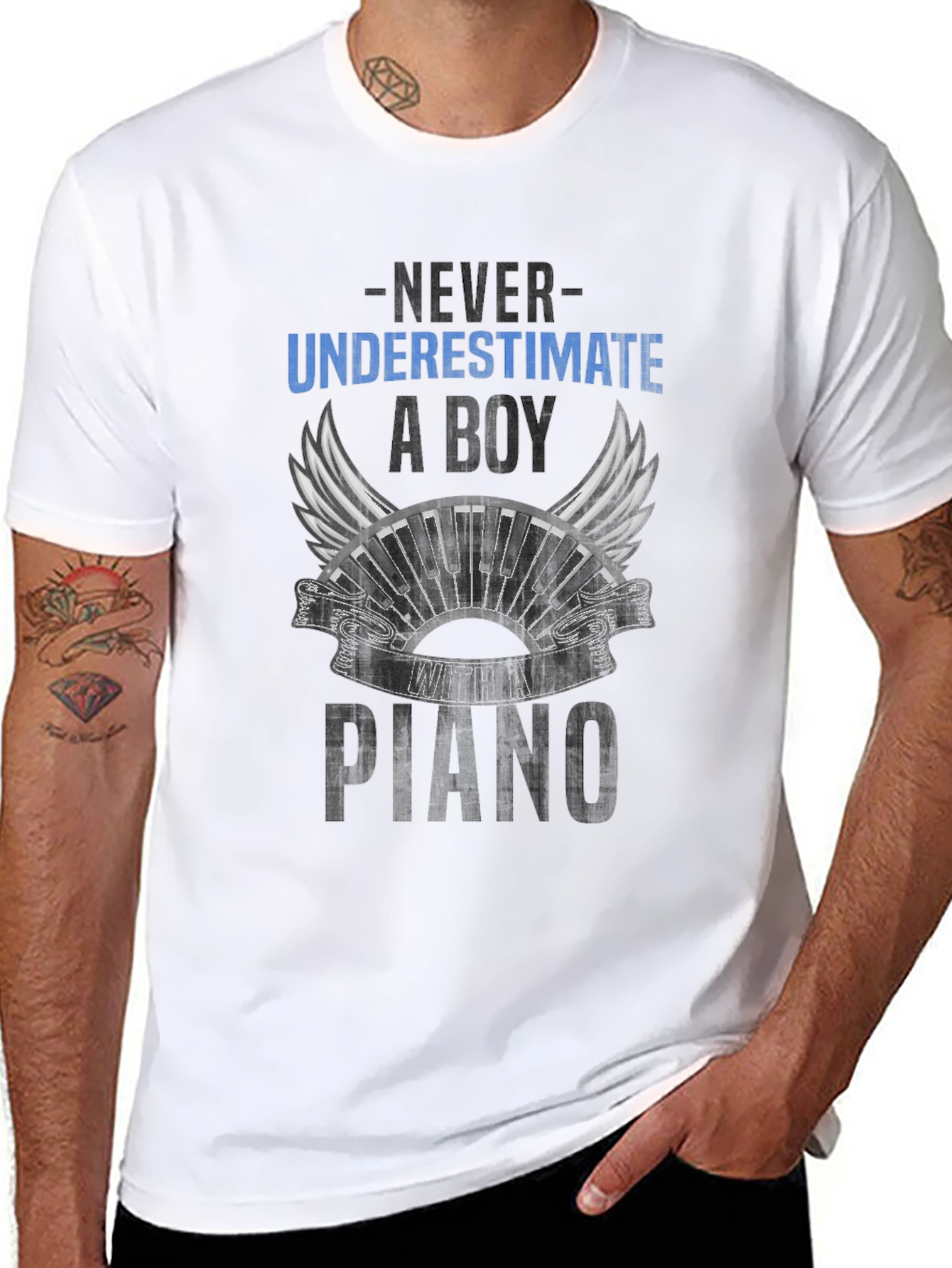Never Underestimate a Boy with Piano Black T-Shirt