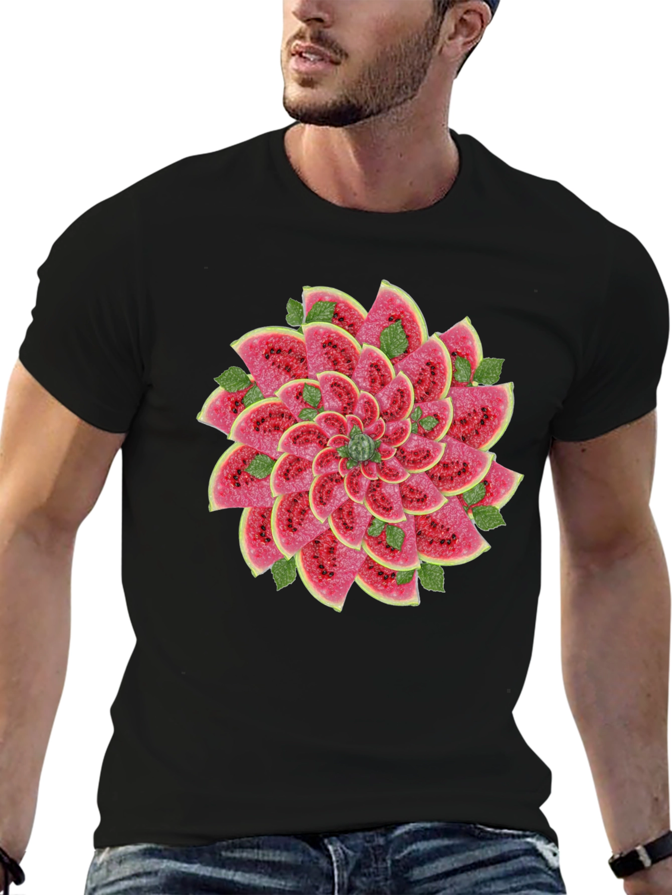 Watermelon Slice Flower Graphic Black T-Shirt