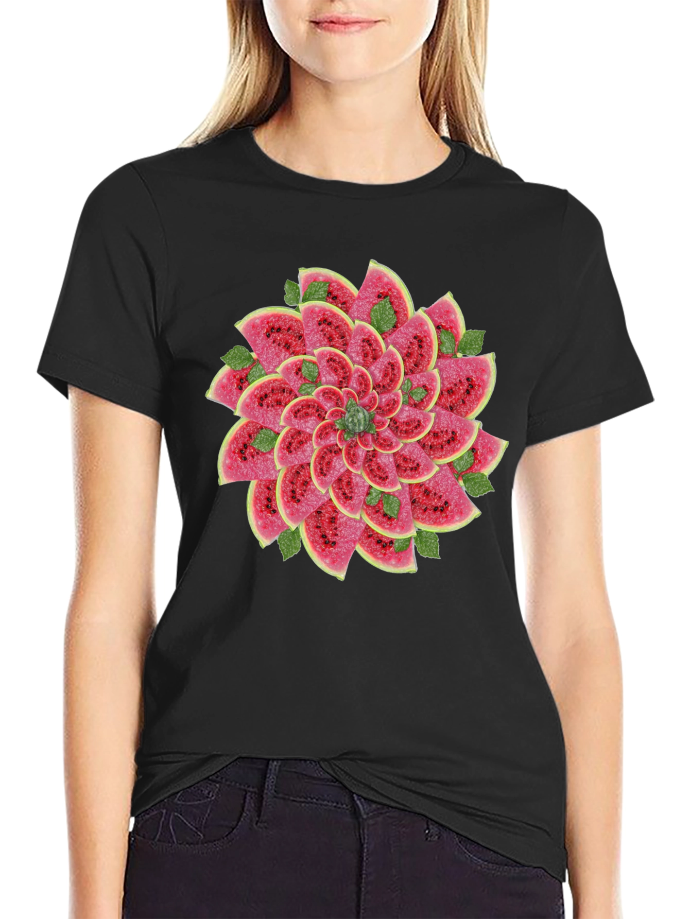 Watermelon Slice Flower Graphic Black T-Shirt