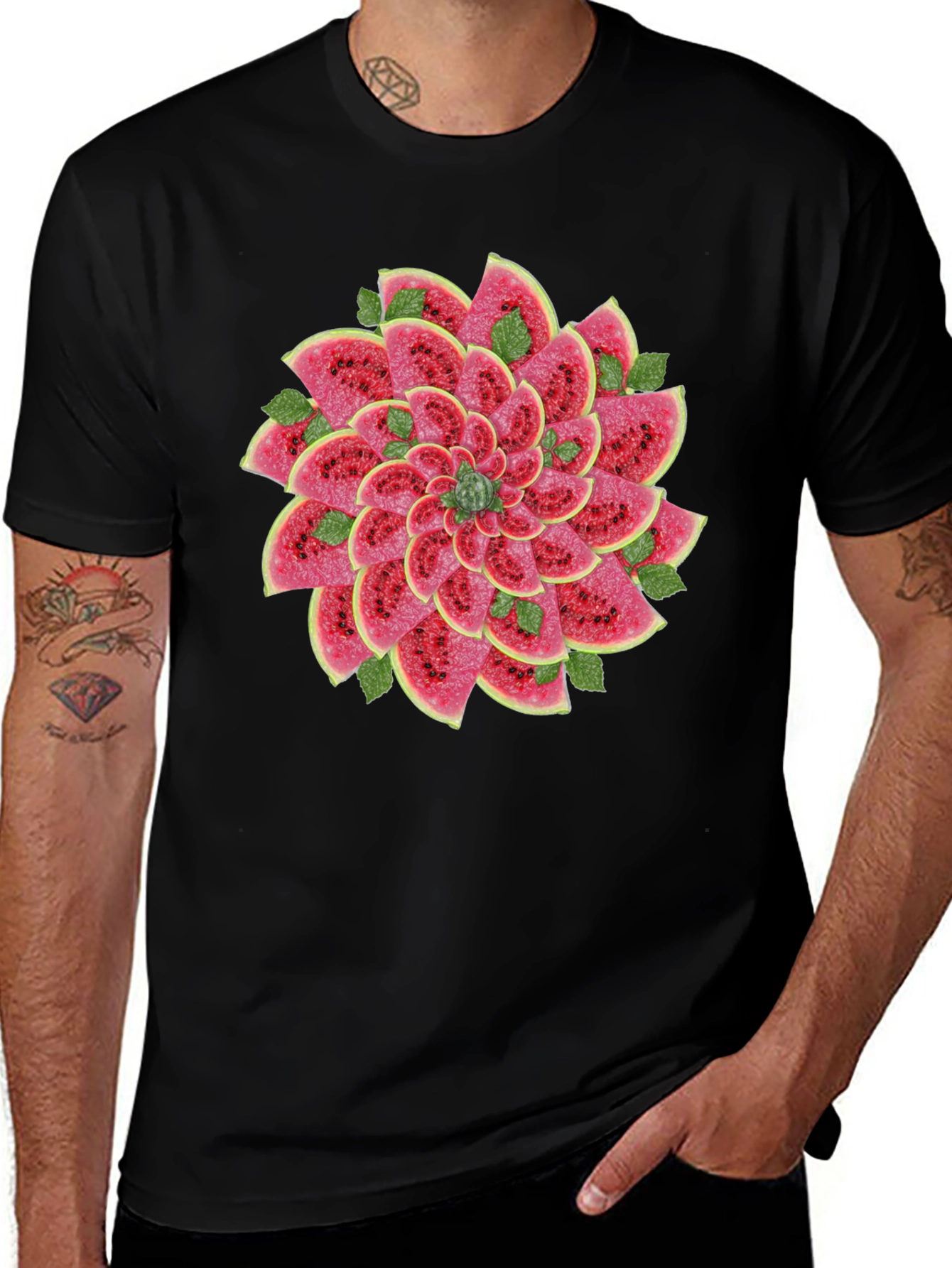 Watermelon Slice Flower Graphic Black T-Shirt