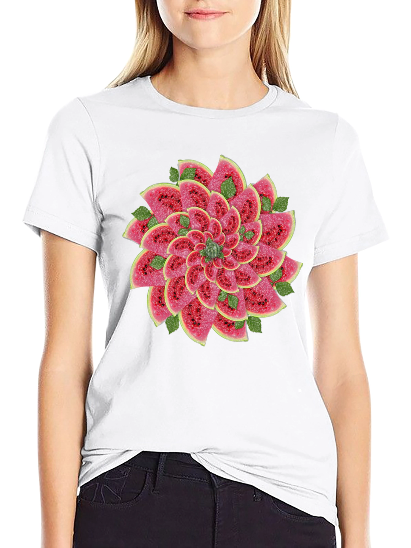 Watermelon Slice Flower Graphic Black T-Shirt