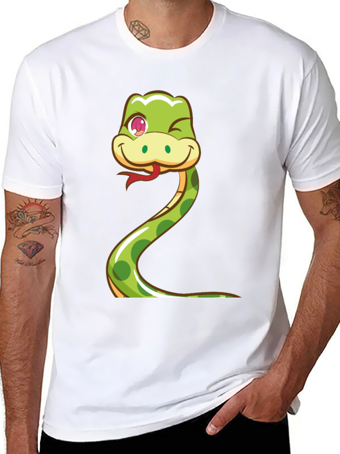 Cute Snake Cartoon Graphic Tee - Black Cotton T-Shirt