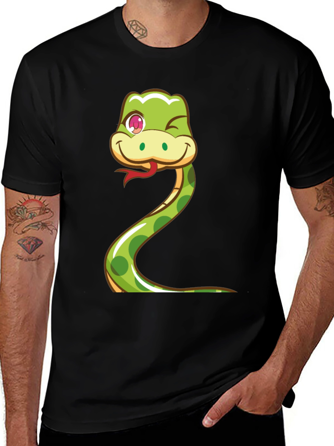 Cute Snake Cartoon Graphic Tee - Black Cotton T-Shirt
