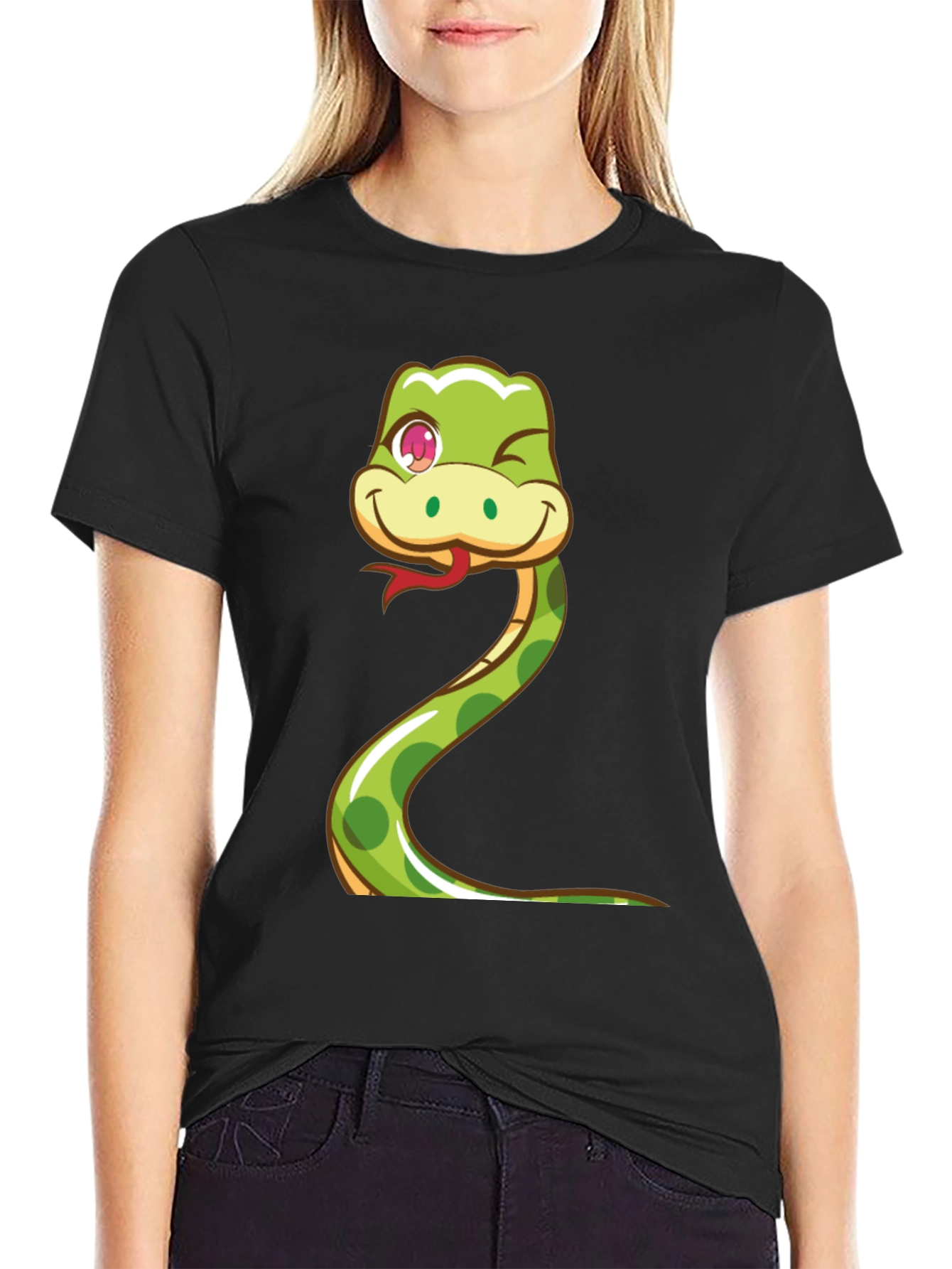 Cute Snake Cartoon Graphic Tee - Black Cotton T-Shirt