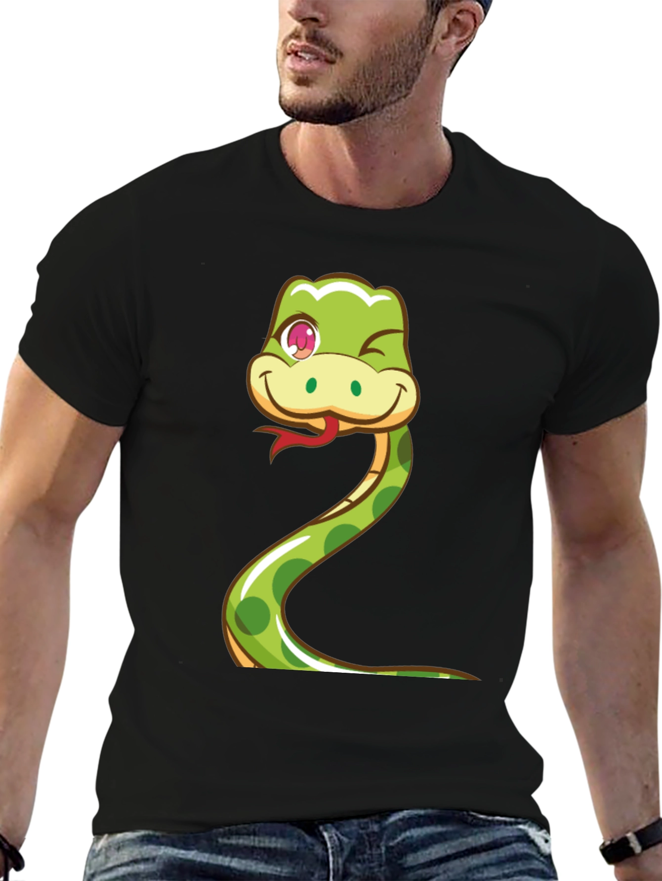 Cute Snake Cartoon Graphic Tee - Black Cotton T-Shirt