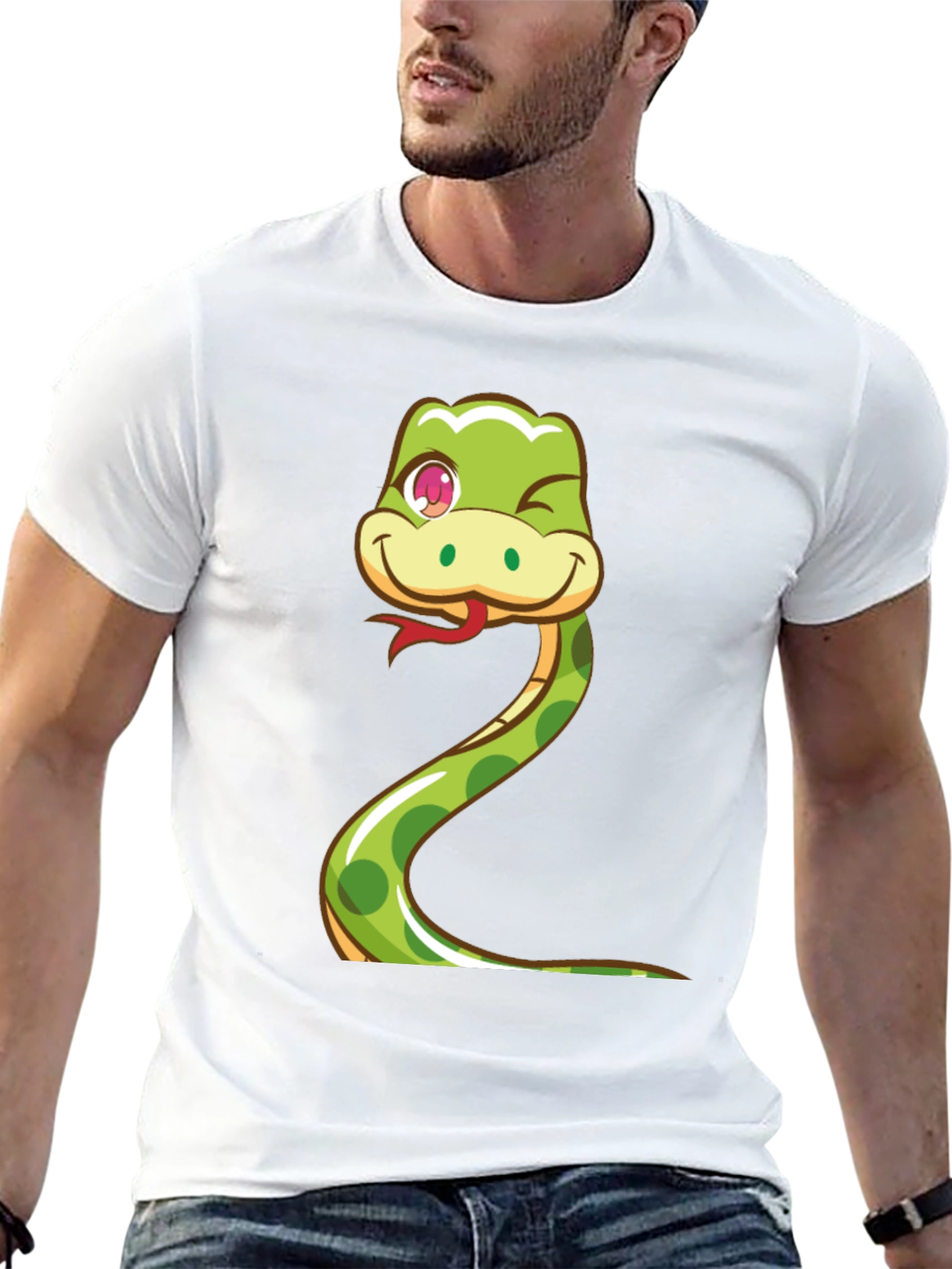 Cute Snake Cartoon Graphic Tee - Black Cotton T-Shirt