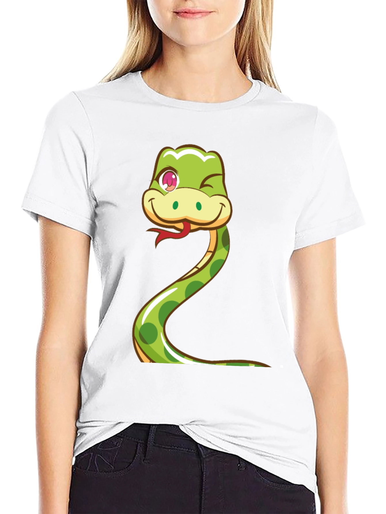 Cute Snake Cartoon Graphic Tee - Black Cotton T-Shirt