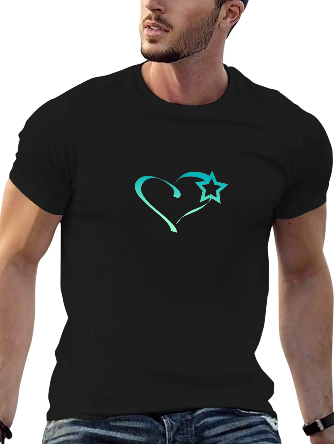 Black T-Shirt with Heart and Star Design