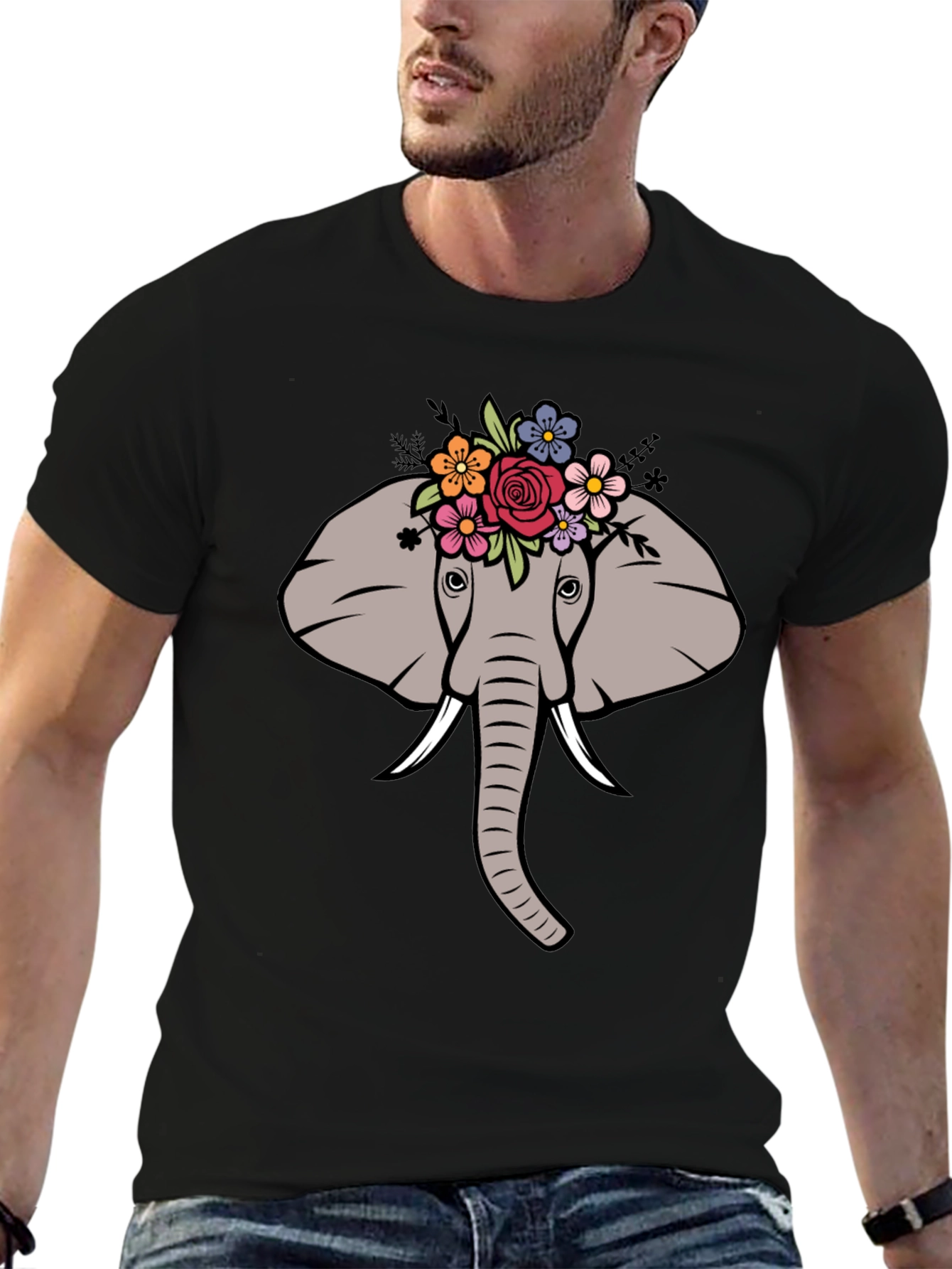 Floral Elephant Graphic Tee - Mens Black T-Shirt
