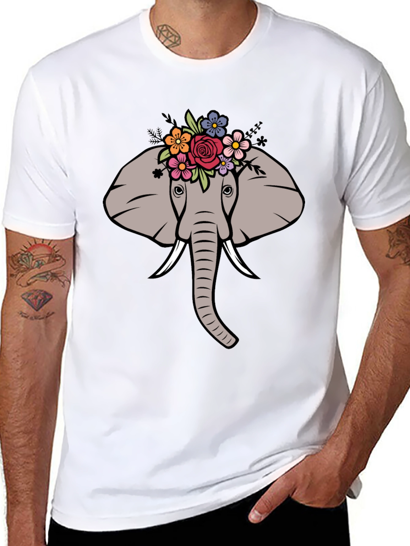 Floral Elephant Graphic Tee - Mens Black T-Shirt