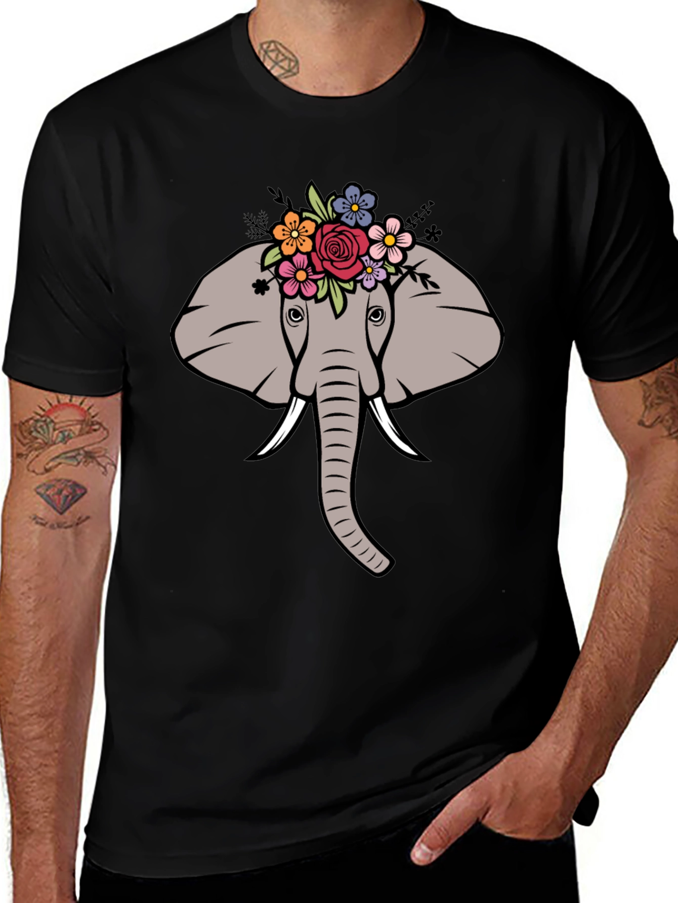 Floral Elephant Graphic Tee - Mens Black T-Shirt