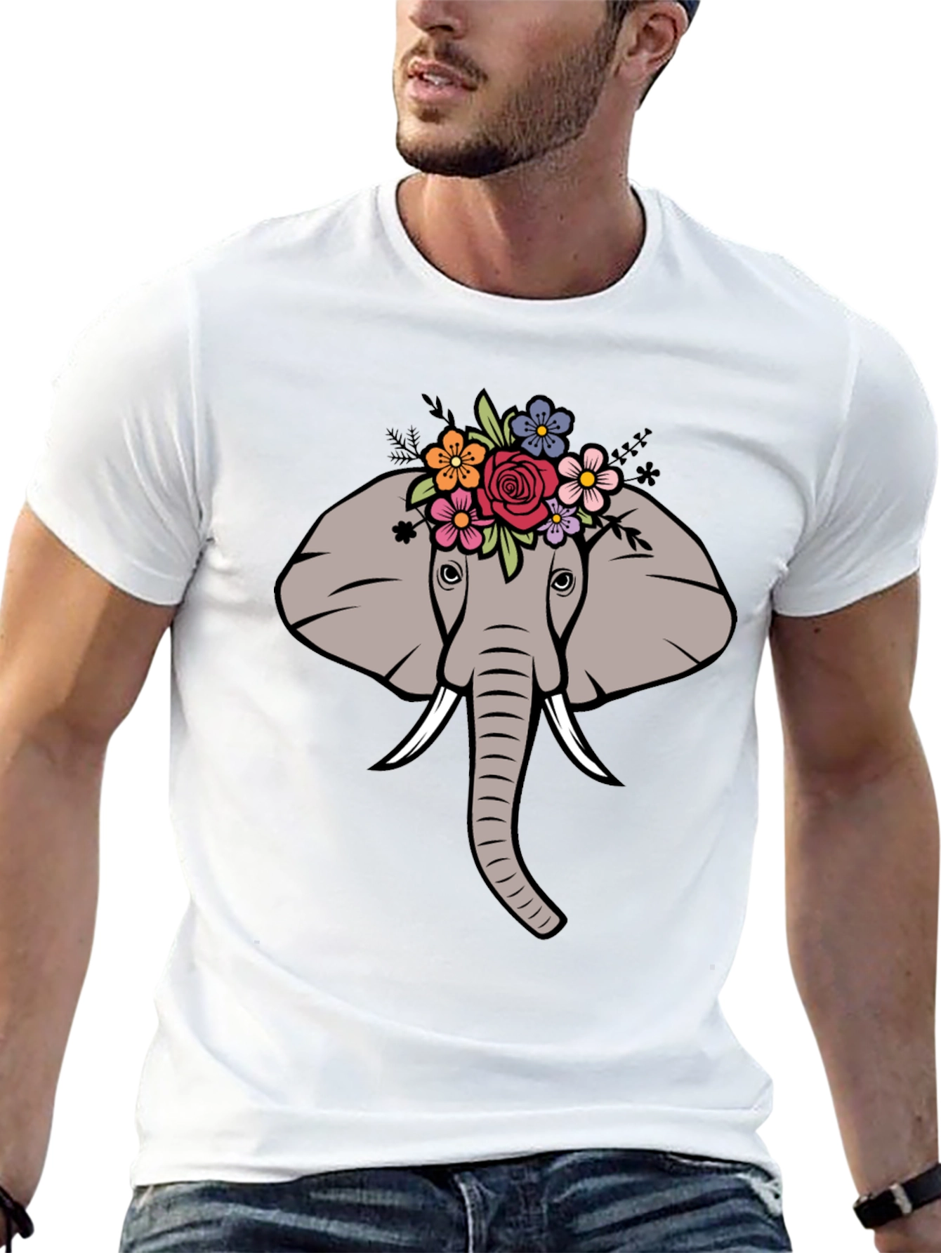 Floral Elephant Graphic Tee - Mens Black T-Shirt