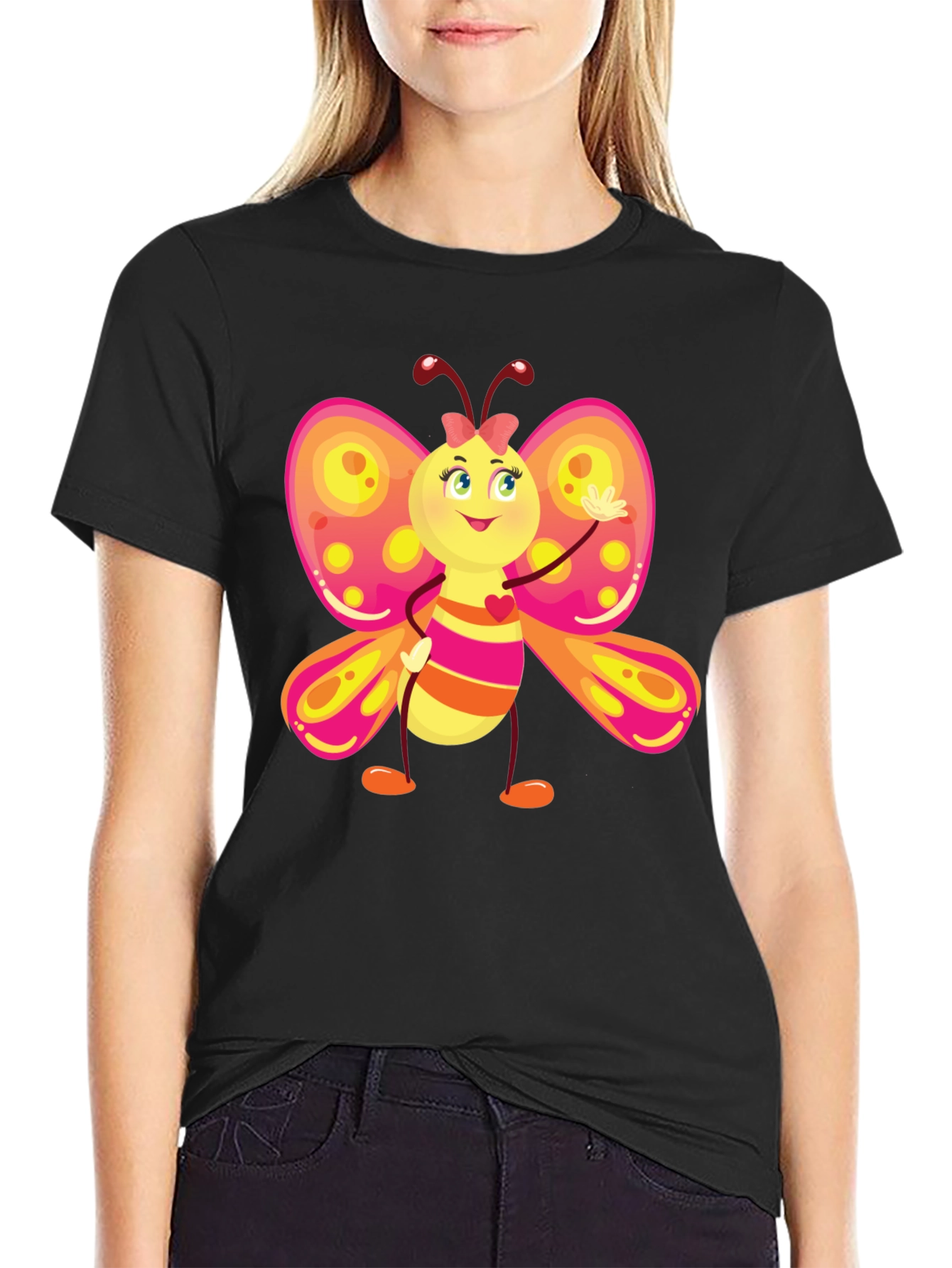 Cartoon Butterfly Graphic Black T-Shirt