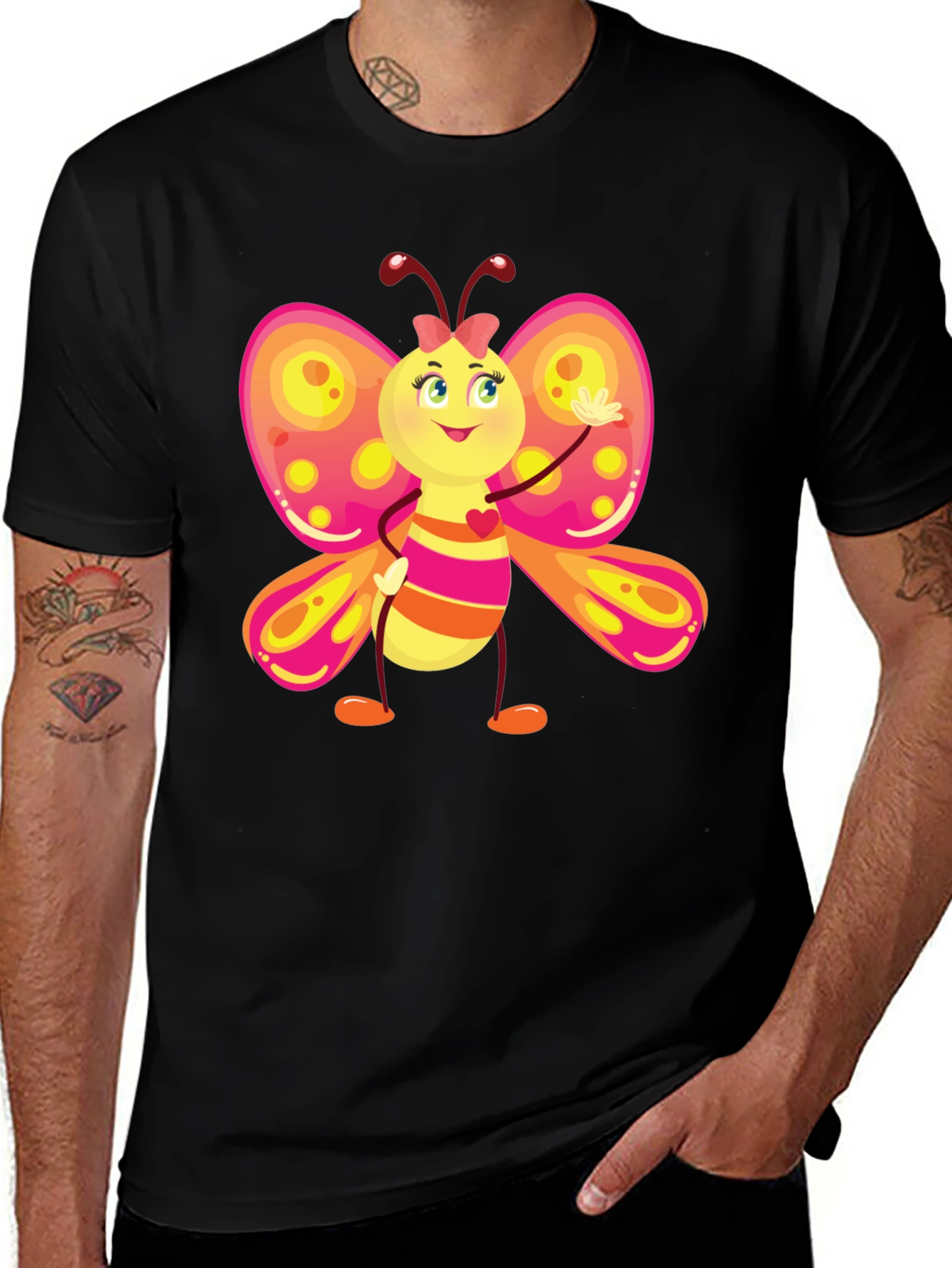 Cartoon Butterfly Graphic Black T-Shirt
