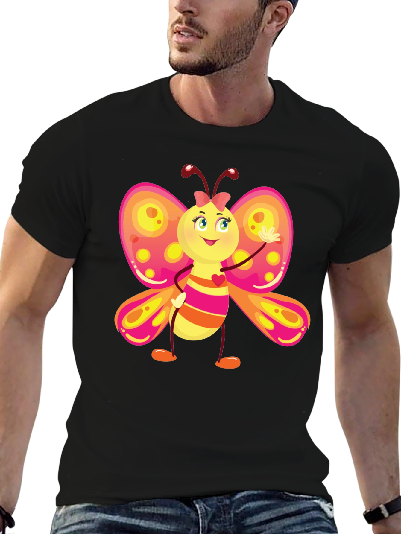 Cartoon Butterfly Graphic Black T-Shirt