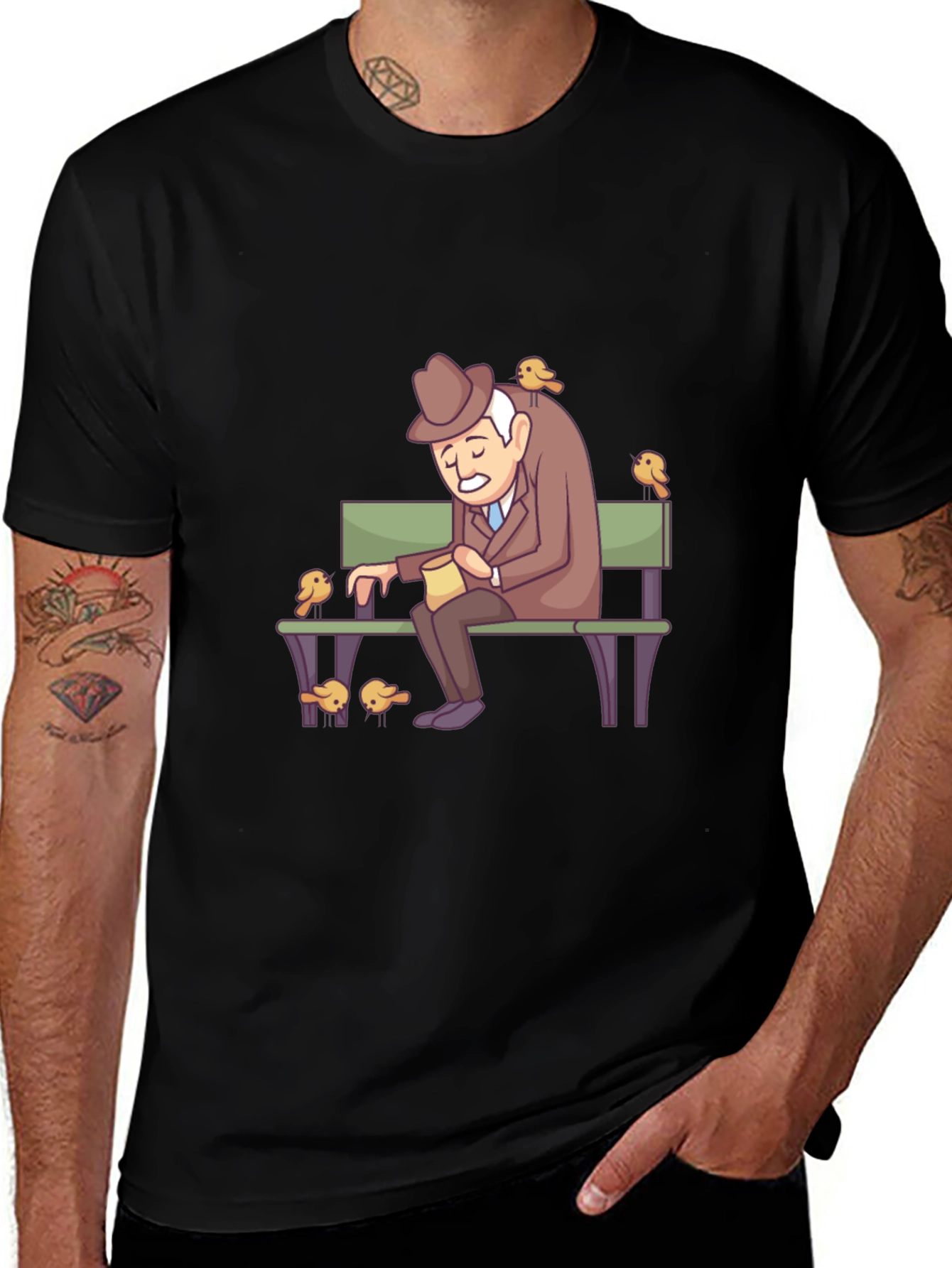 Cartoon Old Man and Birds Graphic Tee