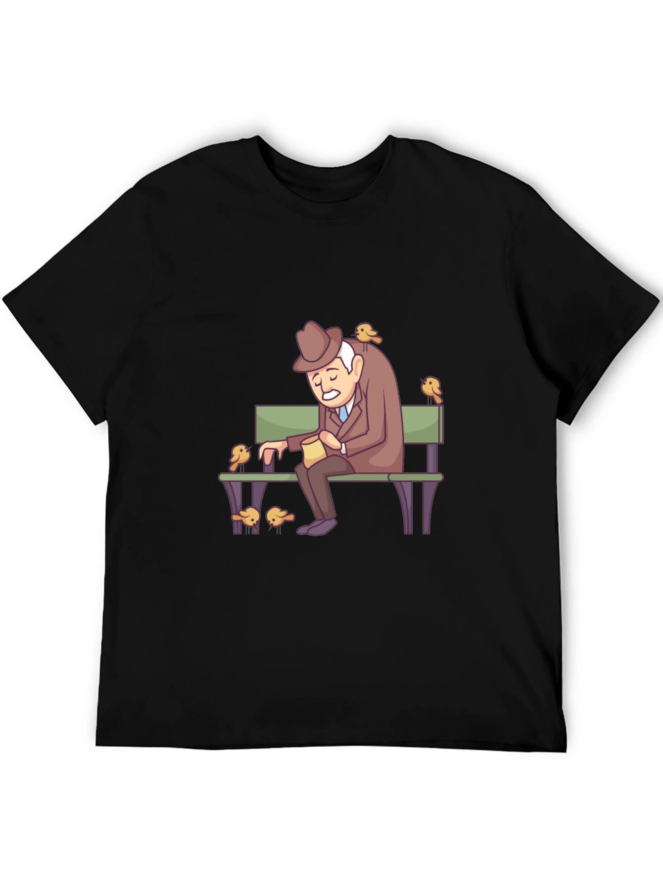 Cartoon Old Man and Birds Graphic Tee