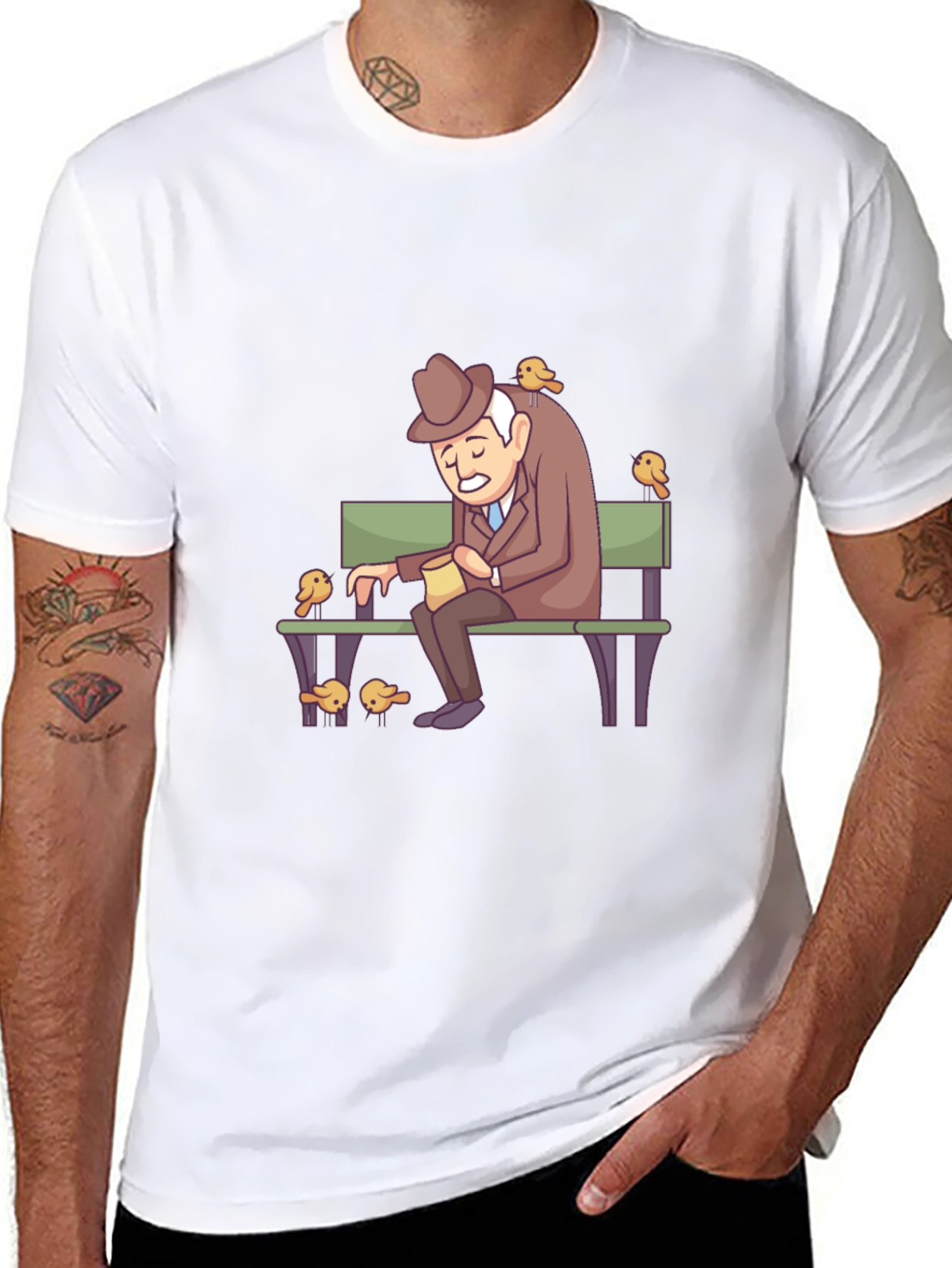 Cartoon Old Man and Birds Graphic Tee