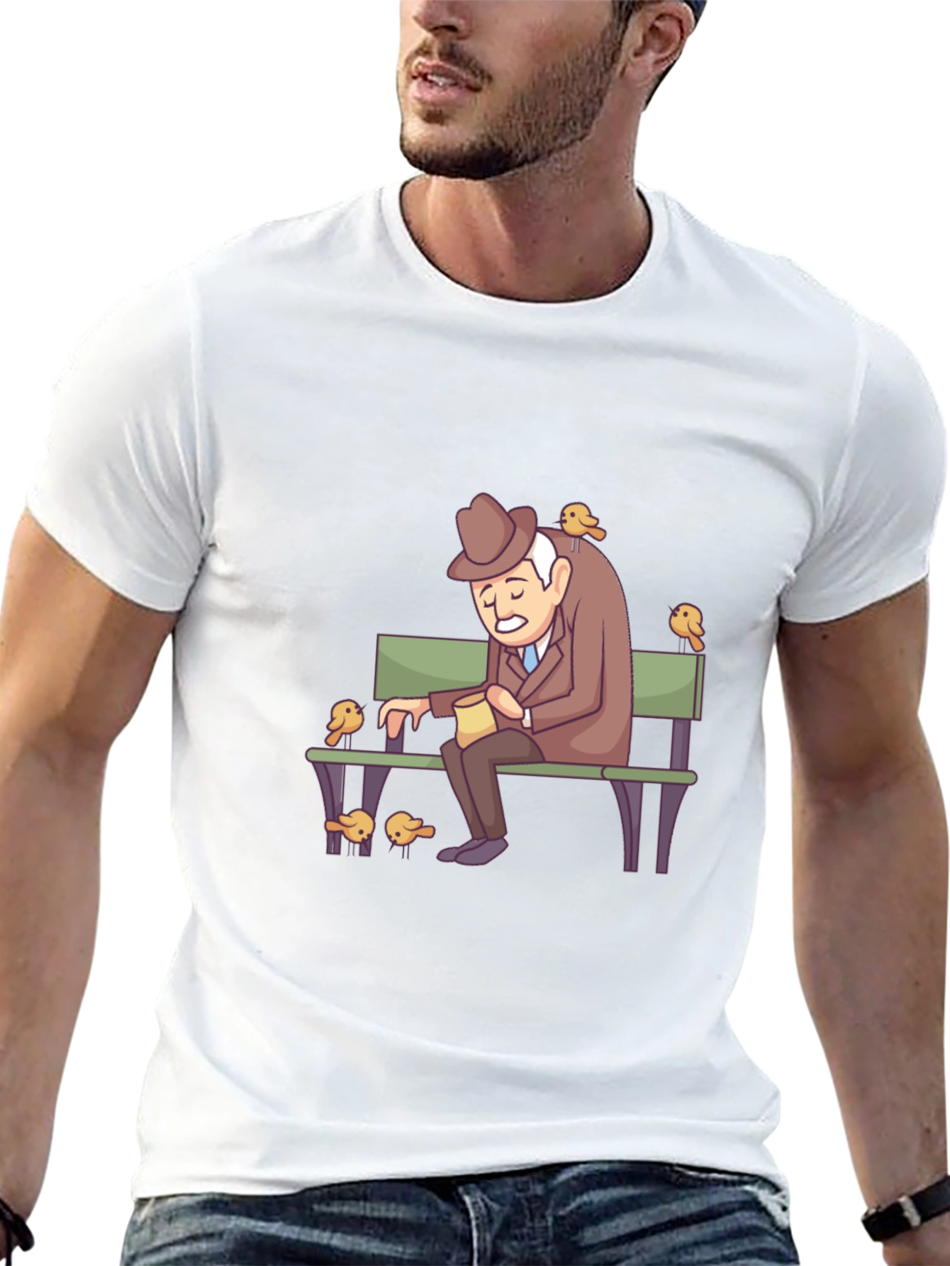 Cartoon Old Man and Birds Graphic Tee
