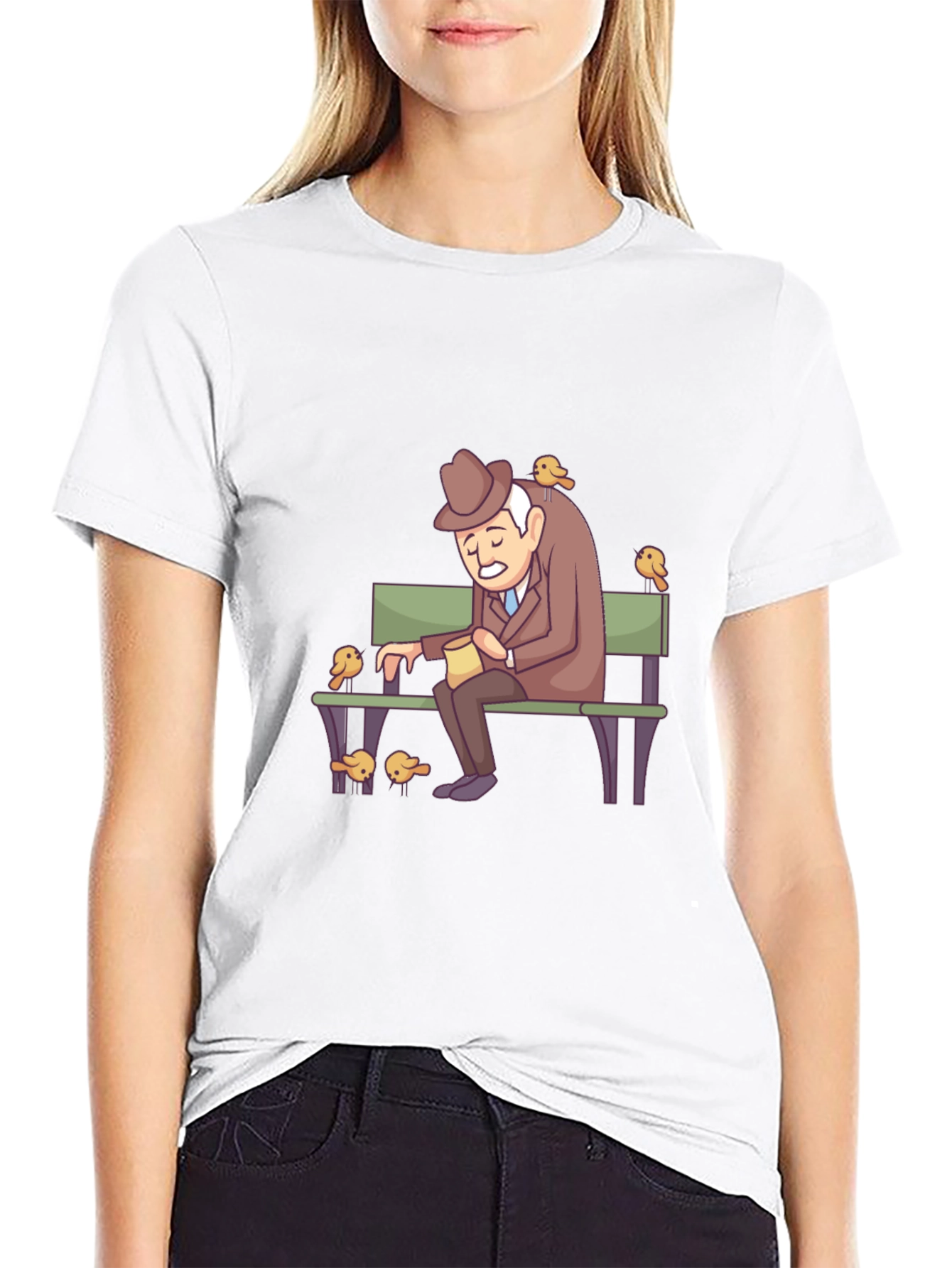 Cartoon Old Man and Birds Graphic Tee