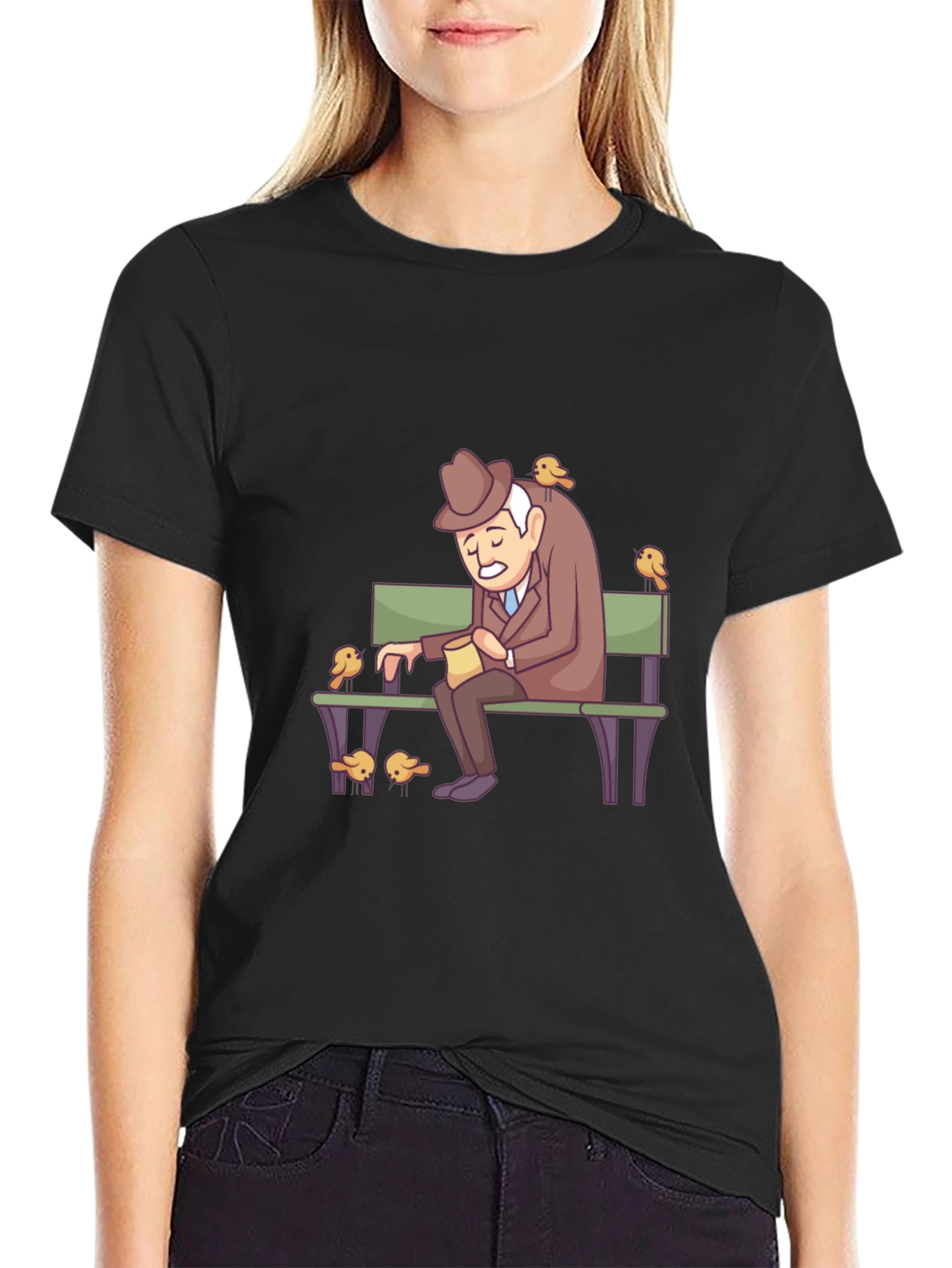 Cartoon Old Man and Birds Graphic Tee