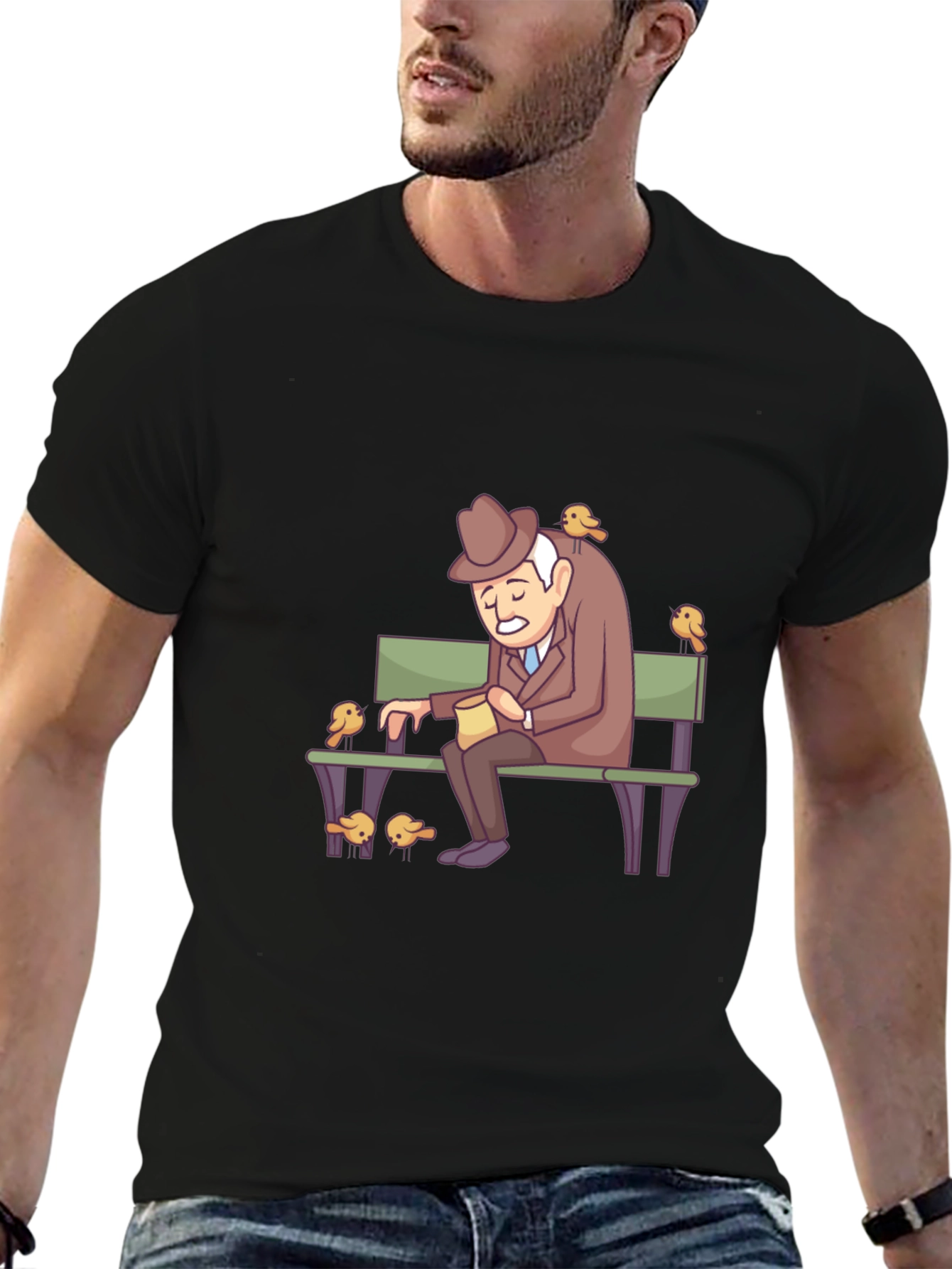 Cartoon Old Man and Birds Graphic Tee