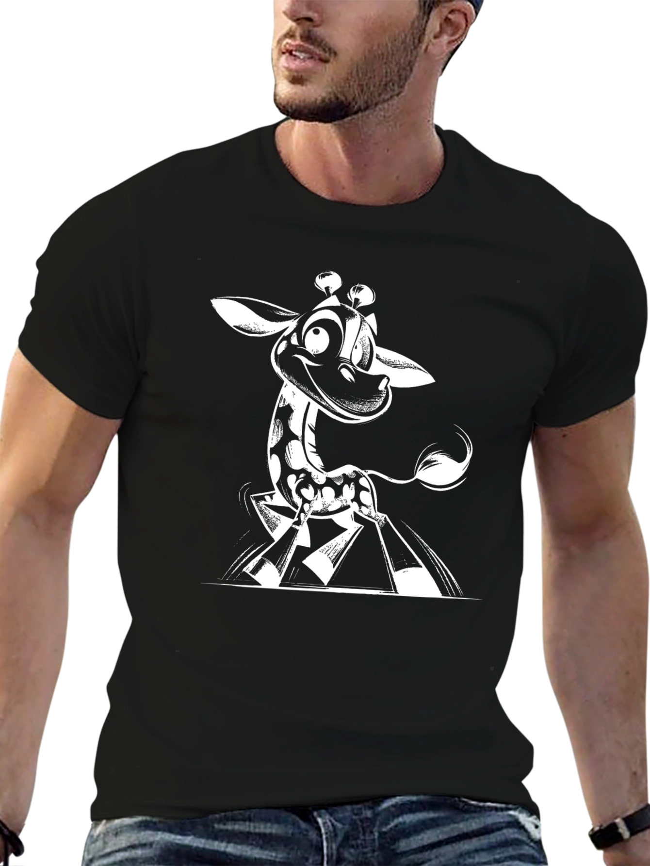 Cartoon Giraffe Graphic Tee - Black