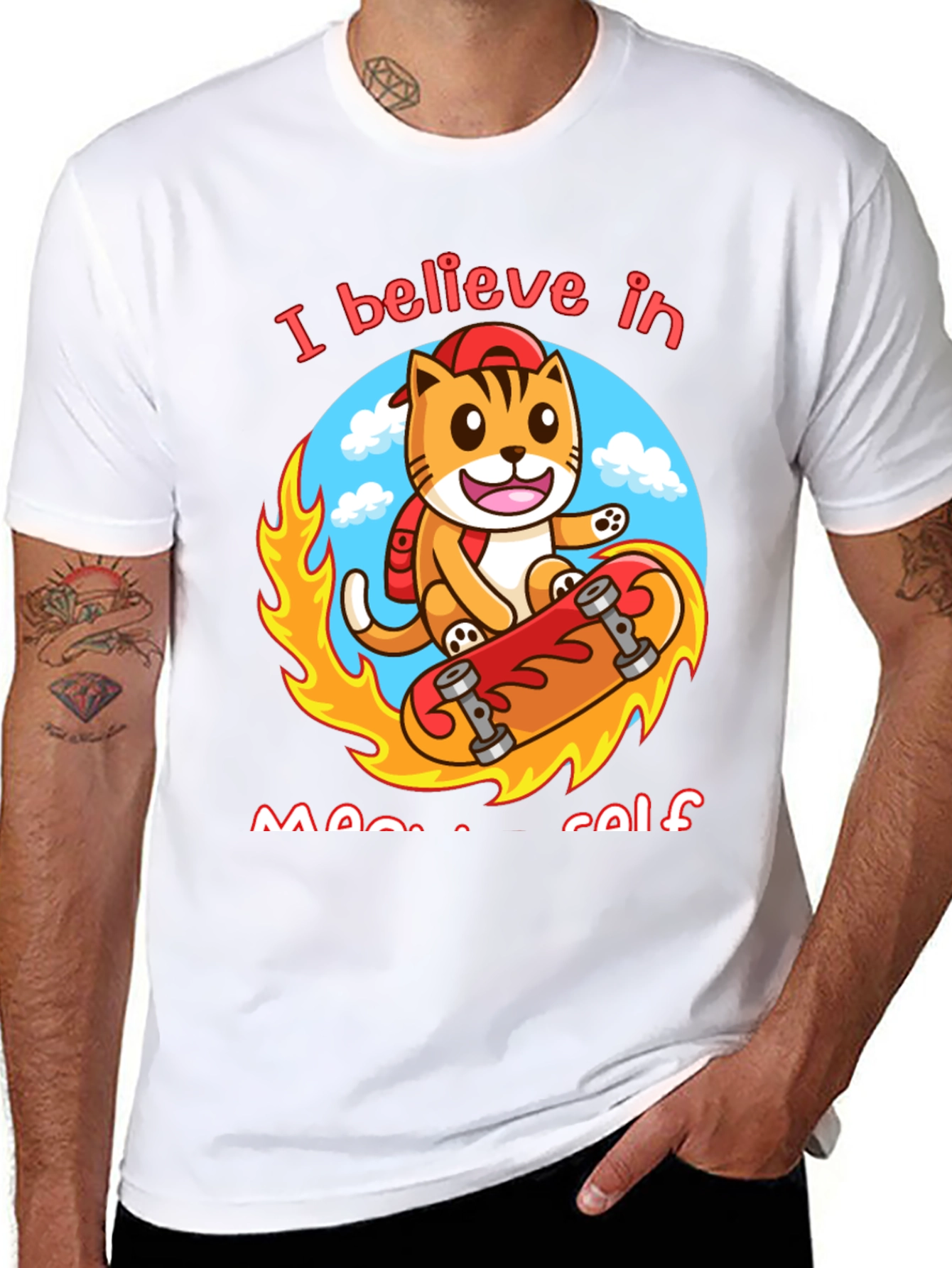 Believe in Meowself T-Shirt - Cute Cat Skateboard Design