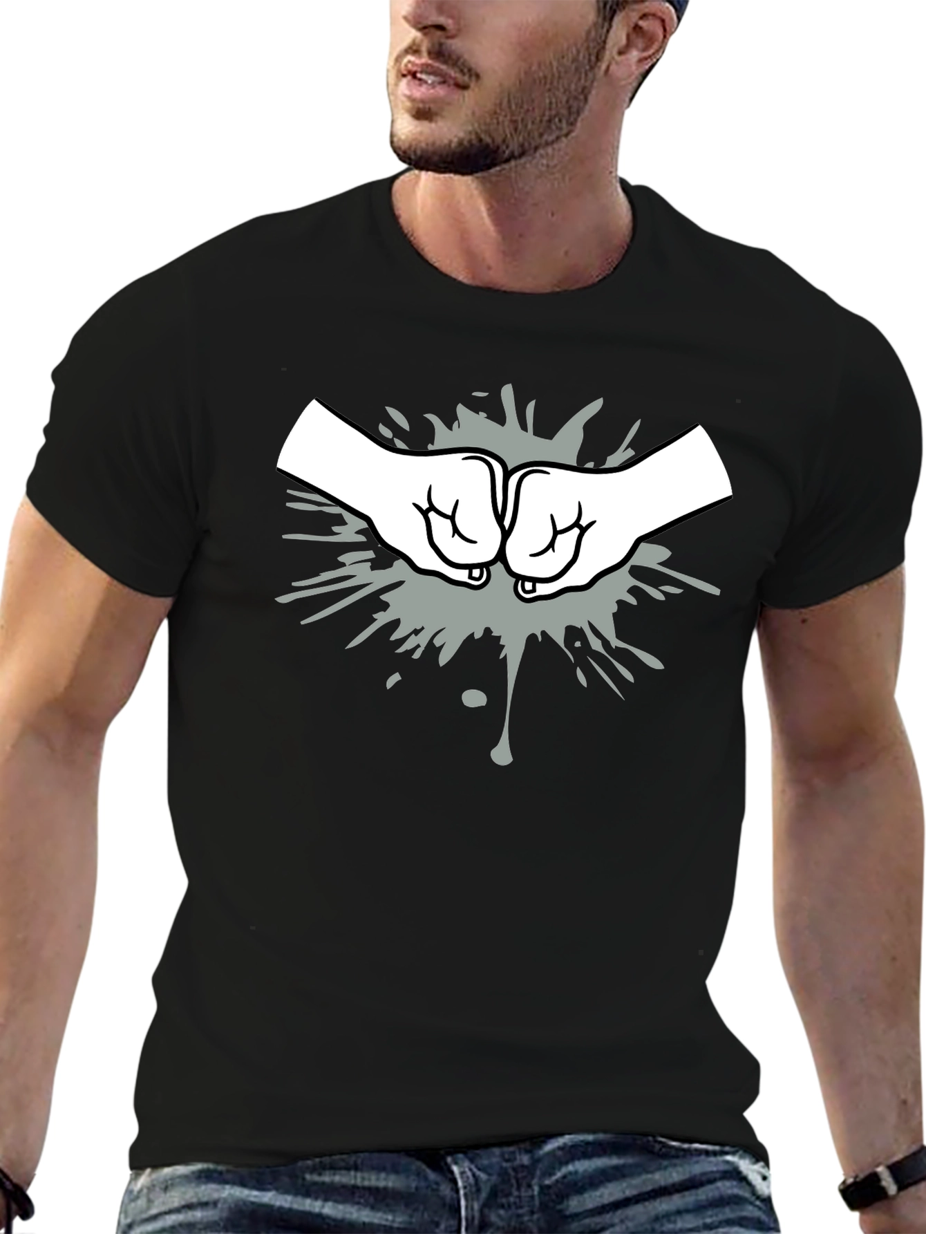 Fist Bump Graphic Print Black T-Shirt