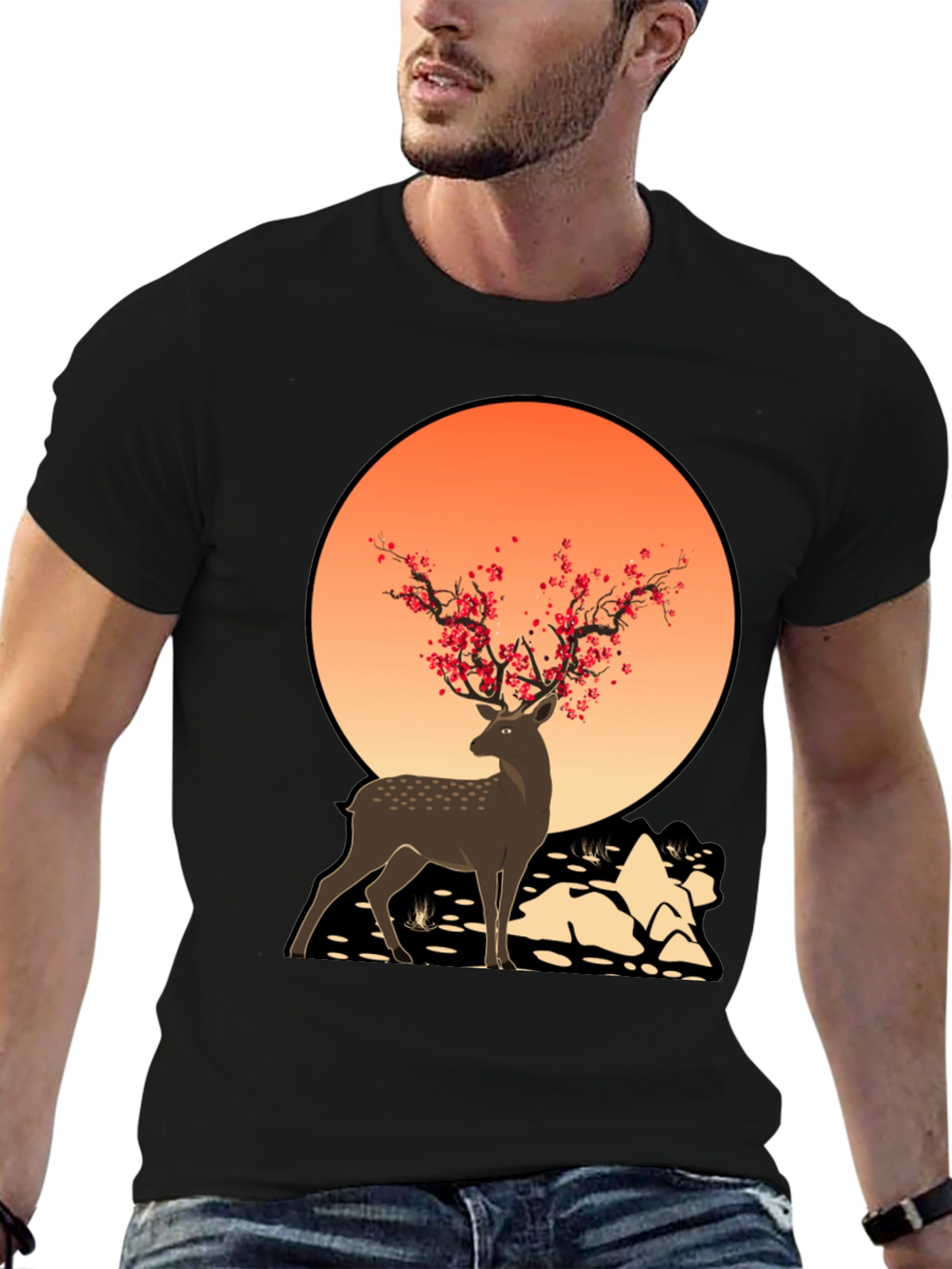 Deer Blossom Graphic Tee - Black Casual Shirt