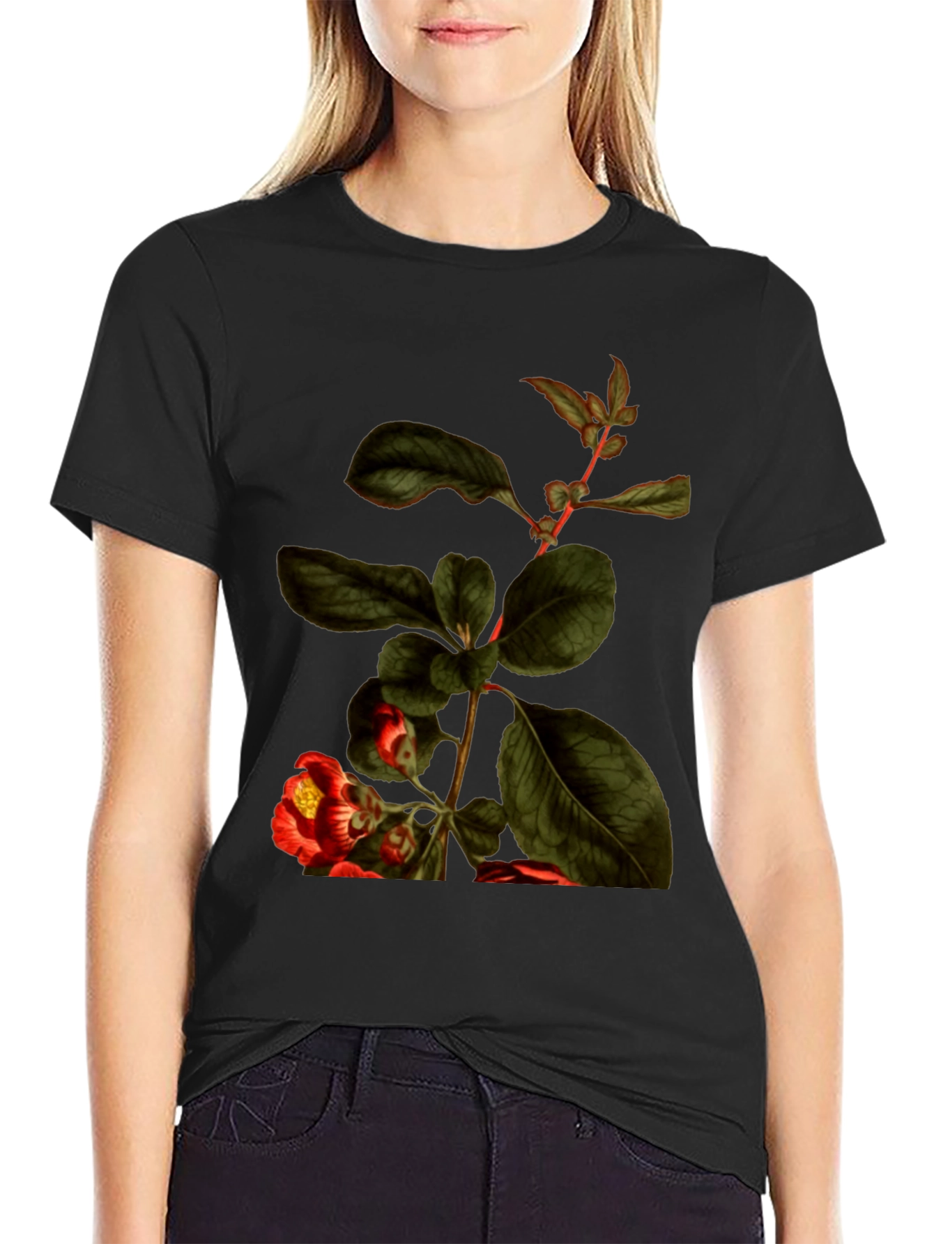 Botanical Print Black T-Shirt - Nature Inspired Tee