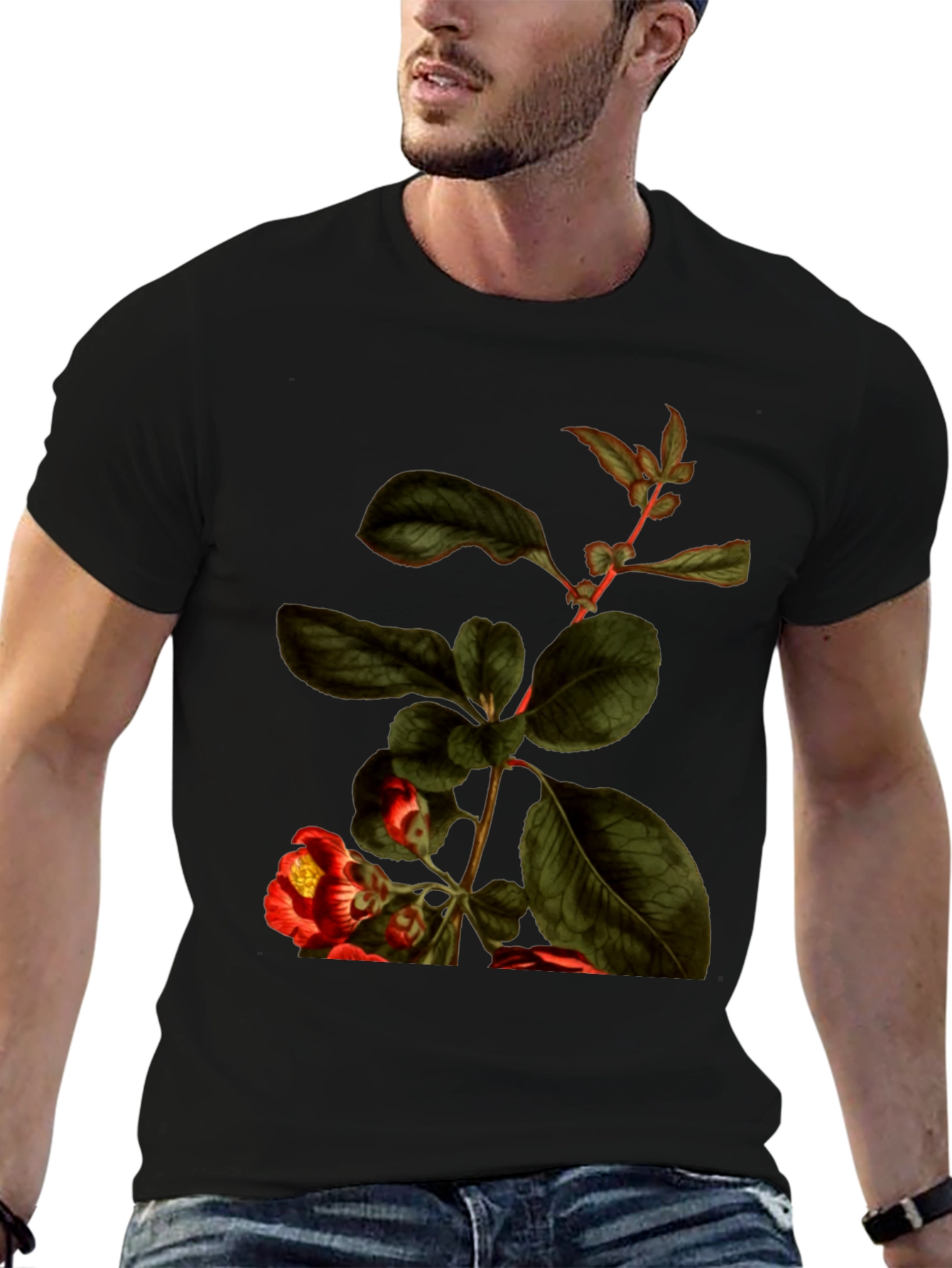 Botanical Print Black T-Shirt - Nature Inspired Tee