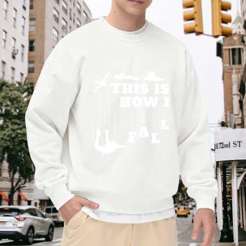 Heathered Gray "This Is How I Fall" Skydiving Graphic Crewneck Sweatshirt - Oversized Casual Pullover for Men, Funny Adventure Print Long-Sleeve Top