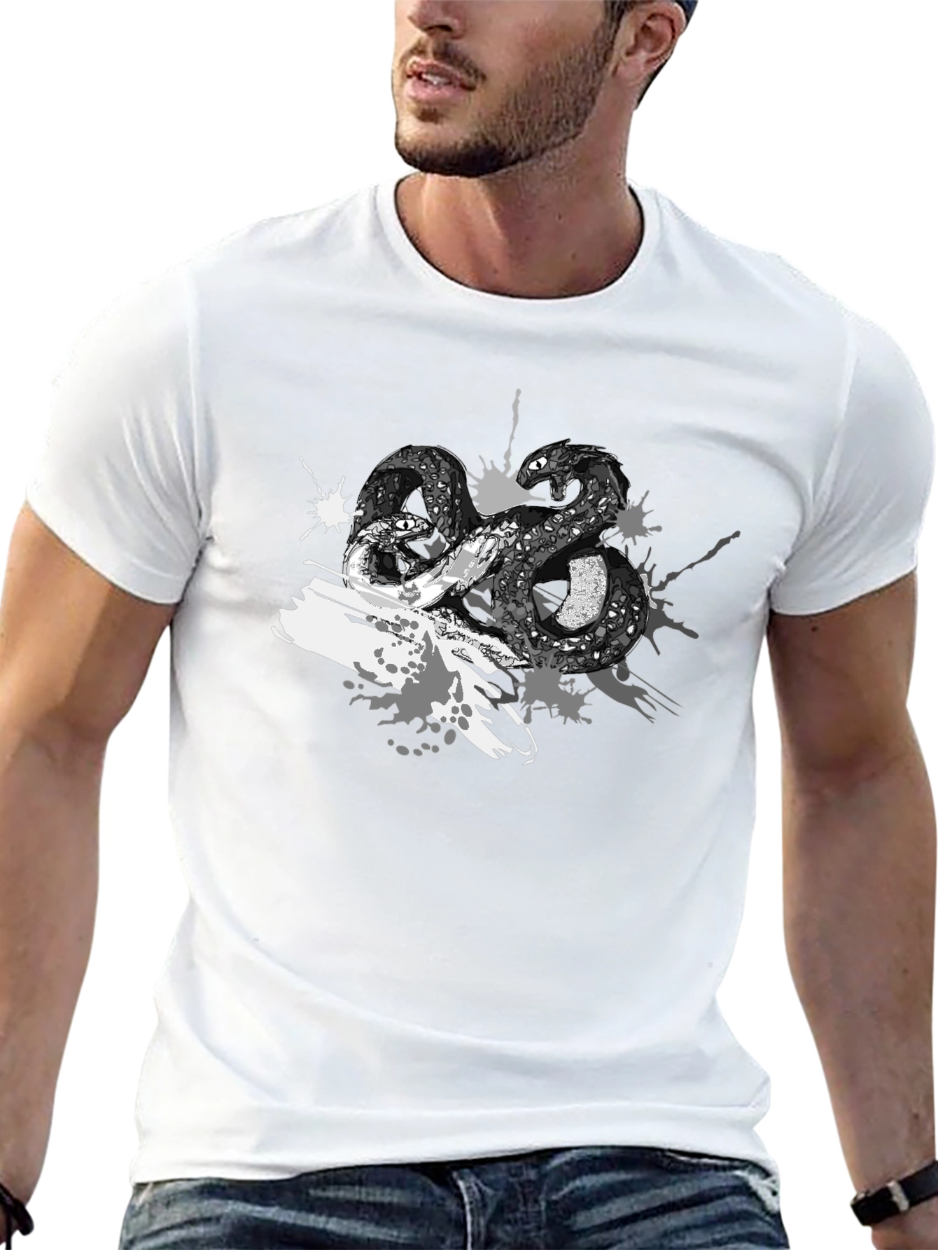 Mens Black T-Shirt with Snake Print