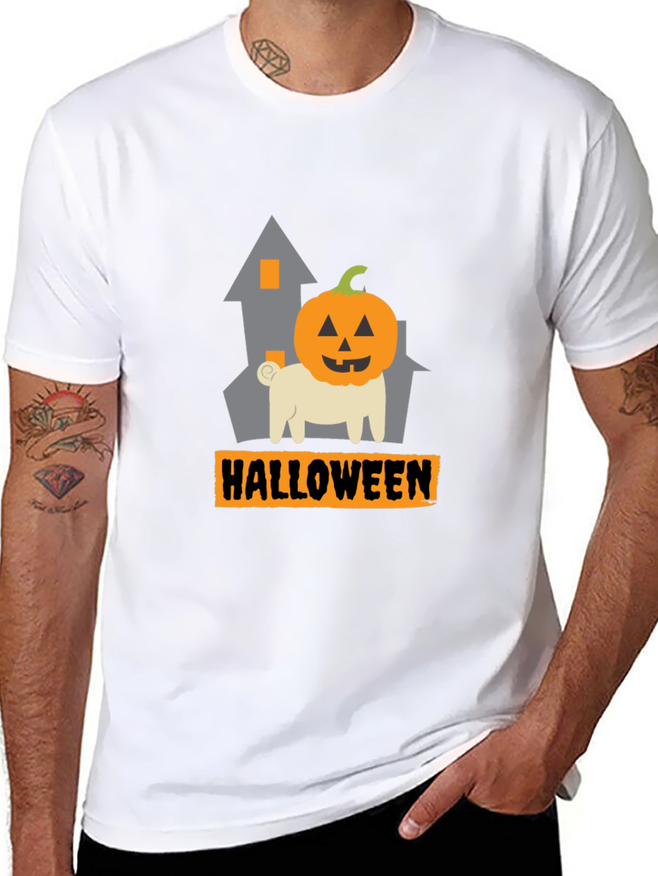 Halloween Pug Pumpkin Head Black T-Shirt