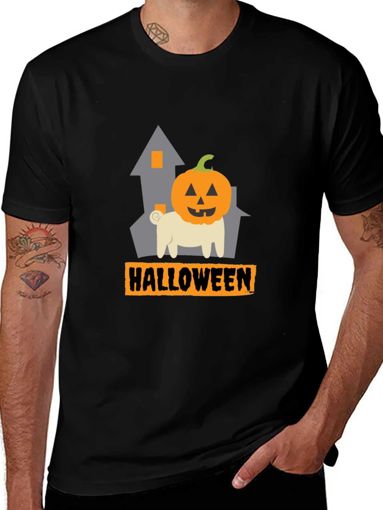 Halloween Pug Pumpkin Head Black T-Shirt