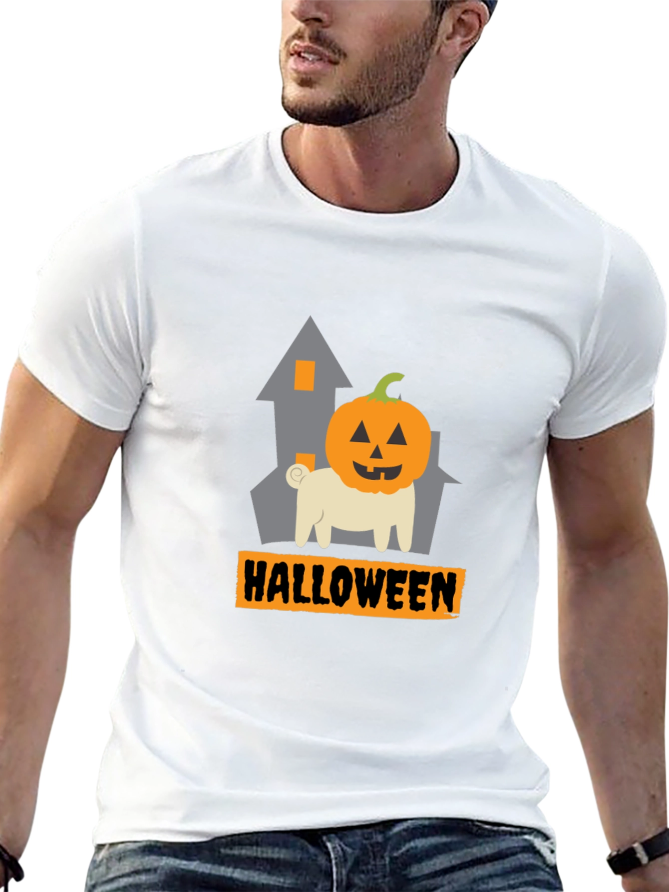 Halloween Pug Pumpkin Head Black T-Shirt