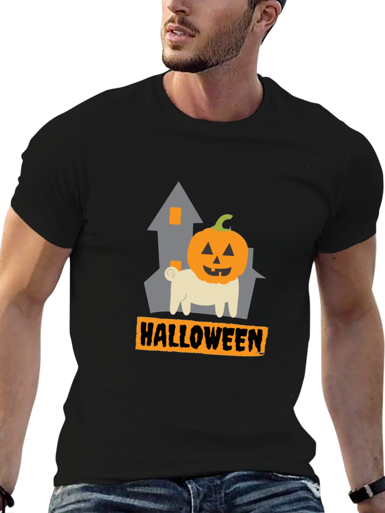 Halloween Pug Pumpkin Head Black T-Shirt