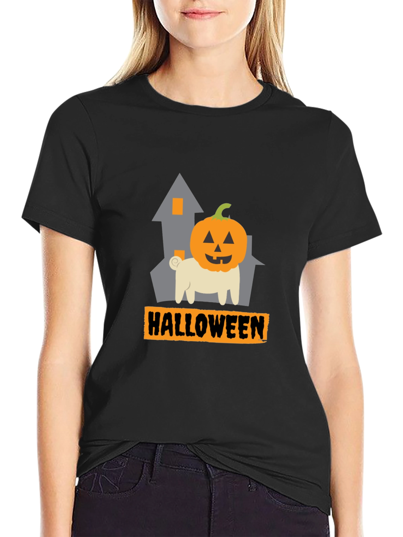 Halloween Pug Pumpkin Head Black T-Shirt