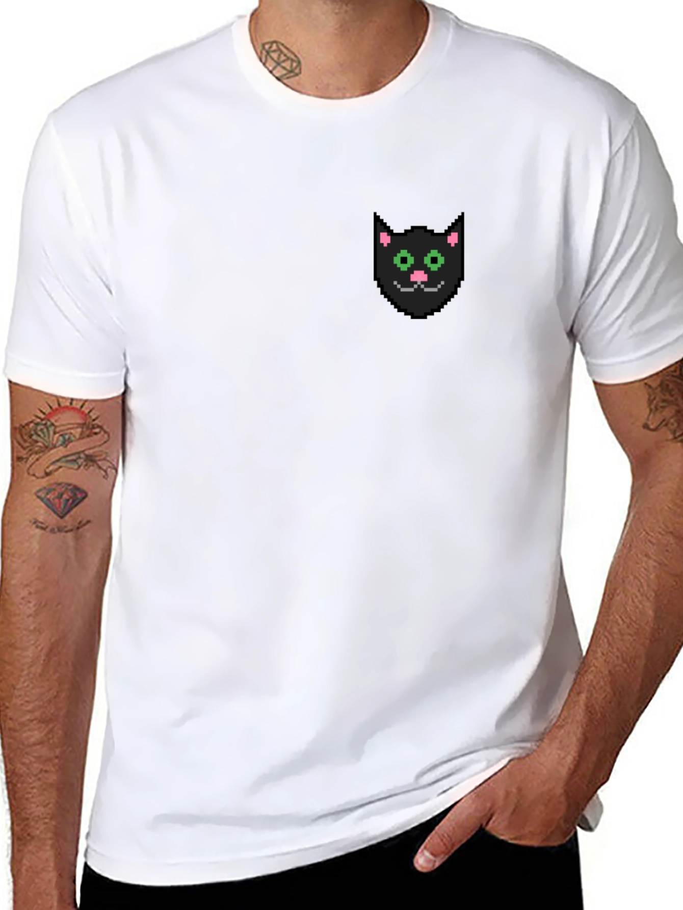 Pixel Cat Pocket Tee - Black Graphic T-Shirt