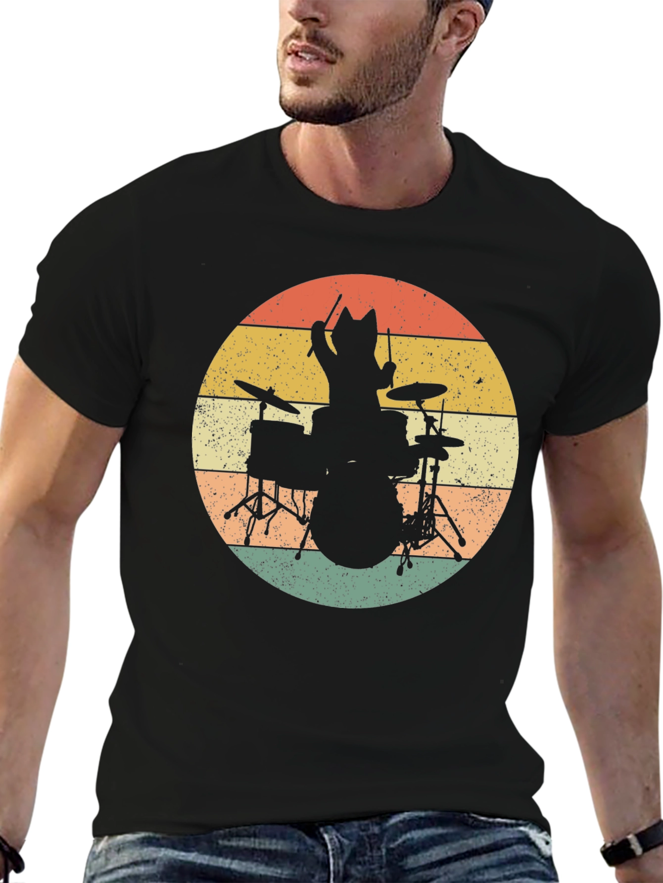 Cat Drummer T-Shirt - Retro Style Black Tee